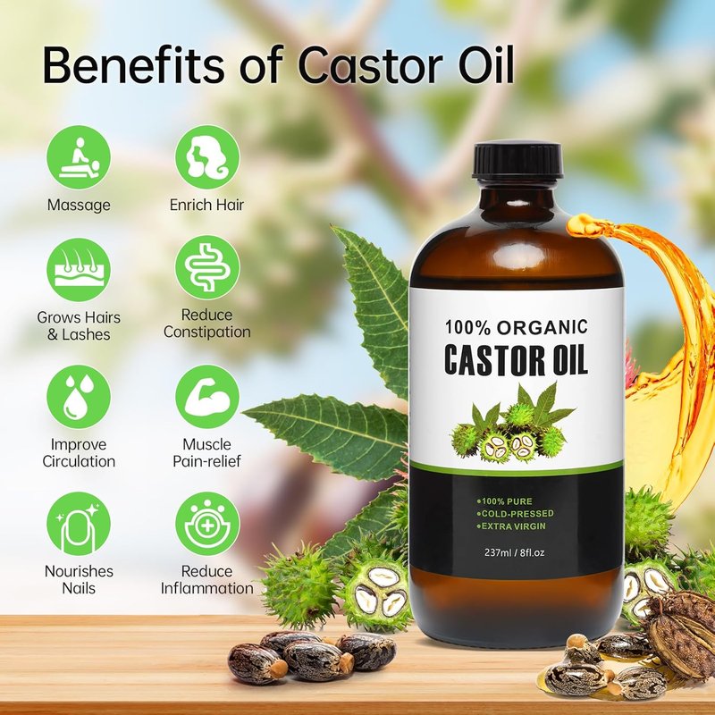 Castor Oil Patches Kit - 30 Pack Organic Cotton Wraps for Stomach & Liver Detox | Includes 8 oz Cold Pressed Castor Oil