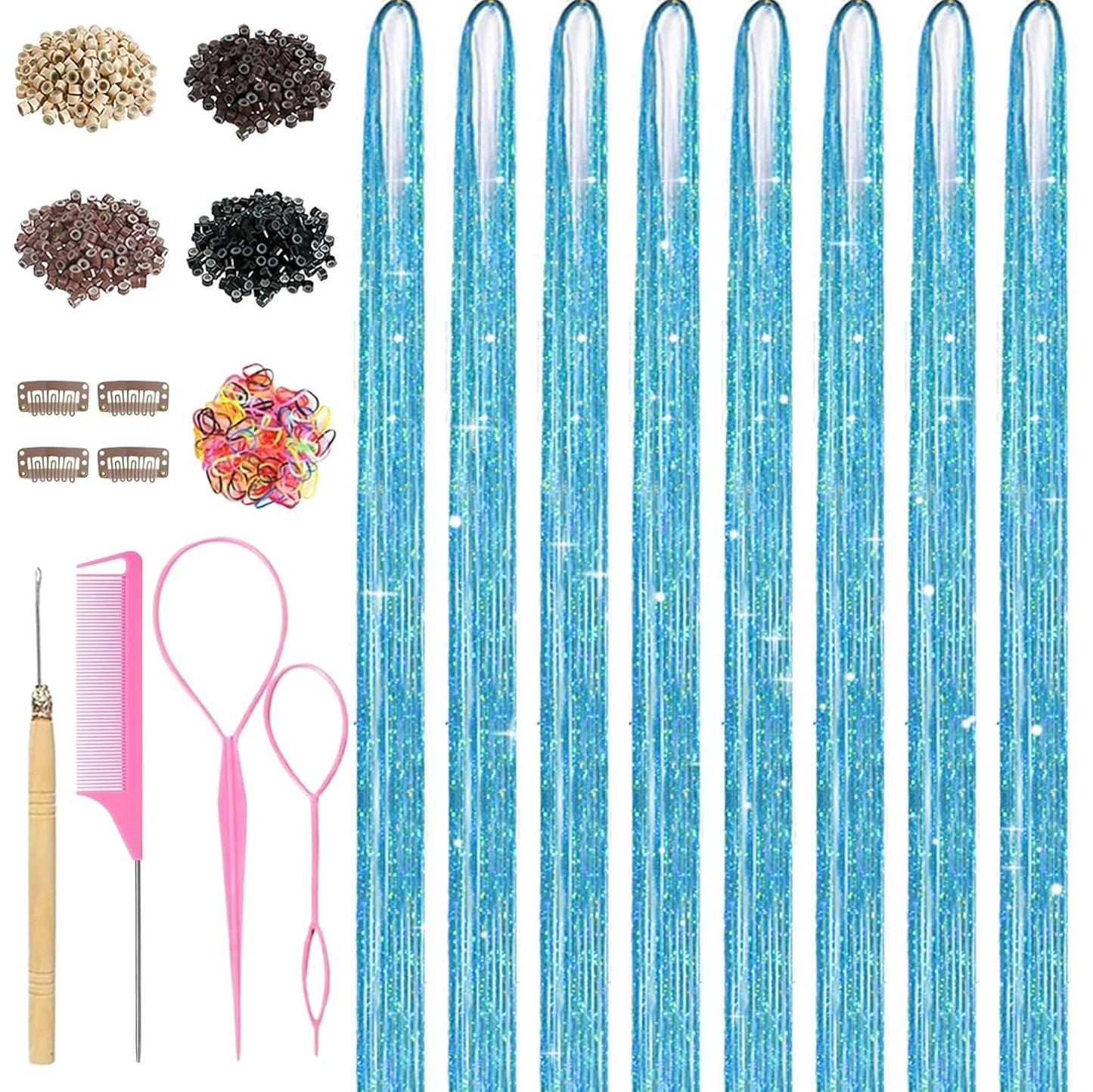Colorful Hair Tinsel Kit - 8 Pcs 48-Inch Glitter Hair Extensions for Parties & Festivals | 3200 Strands