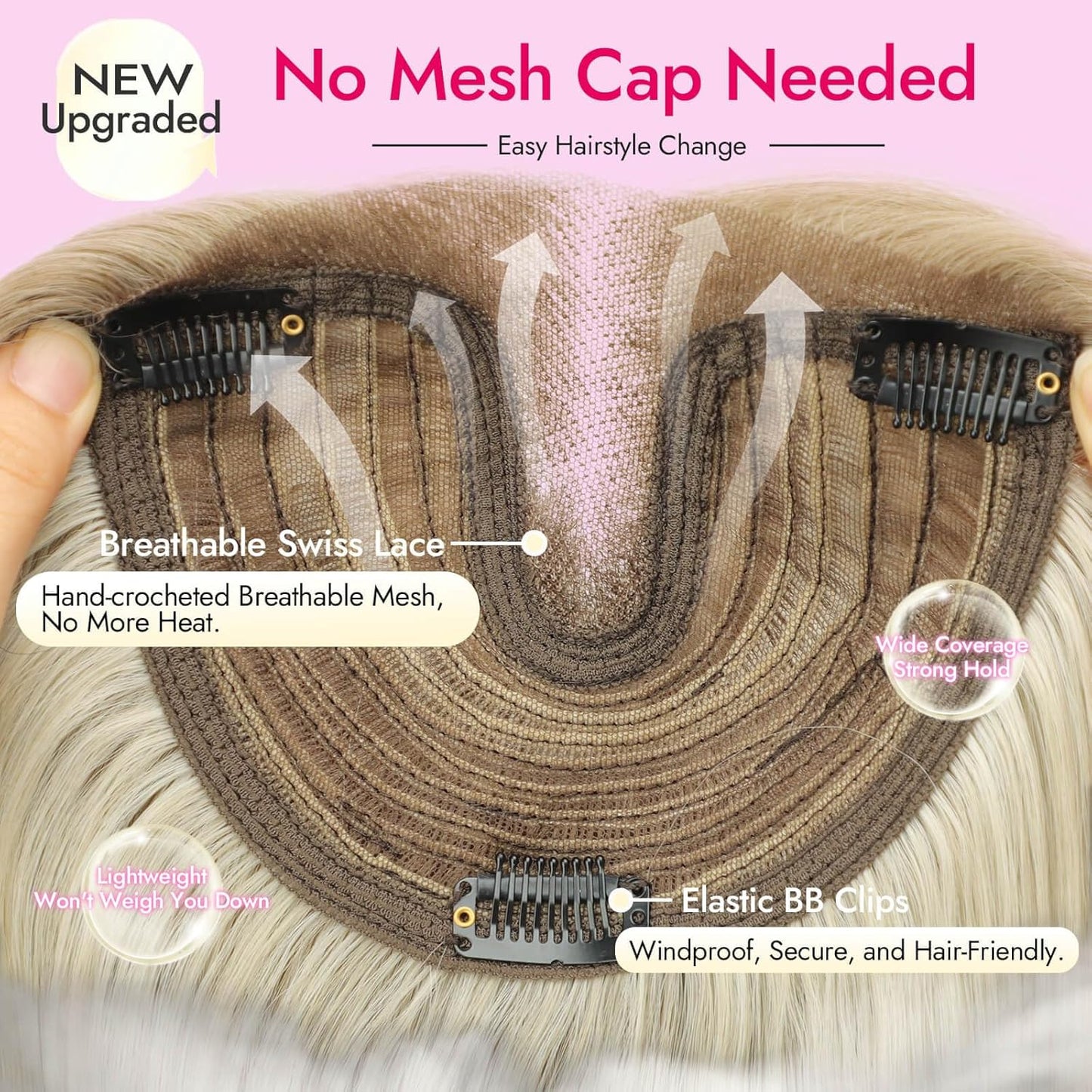 Ash Blonde Synthetic Hair Toppers with Platinum Highlights - 18" Long, 5x6" Base for Thinning Hair, Clip-In Wispy Bangs