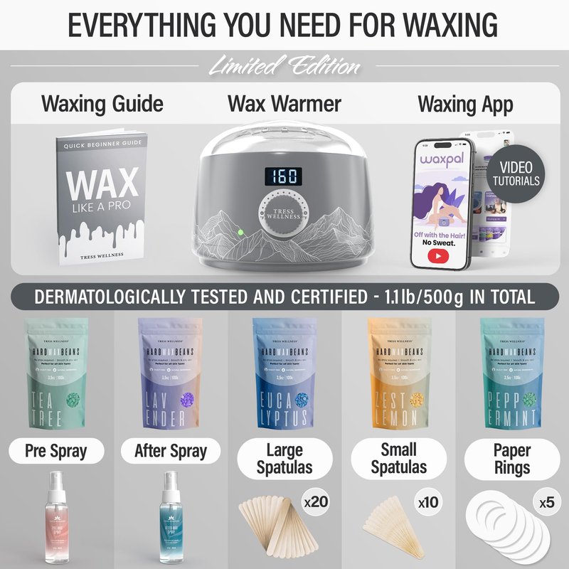 Tress Wellness Waxing Kit for Sensitive Skin – Safe for Face & Skin, Prep & Aftercare Spray, Easy to Use – At-Home Kit for Face, Bikini, Brazilian & Full Body - Digital Display, Grey Mountain