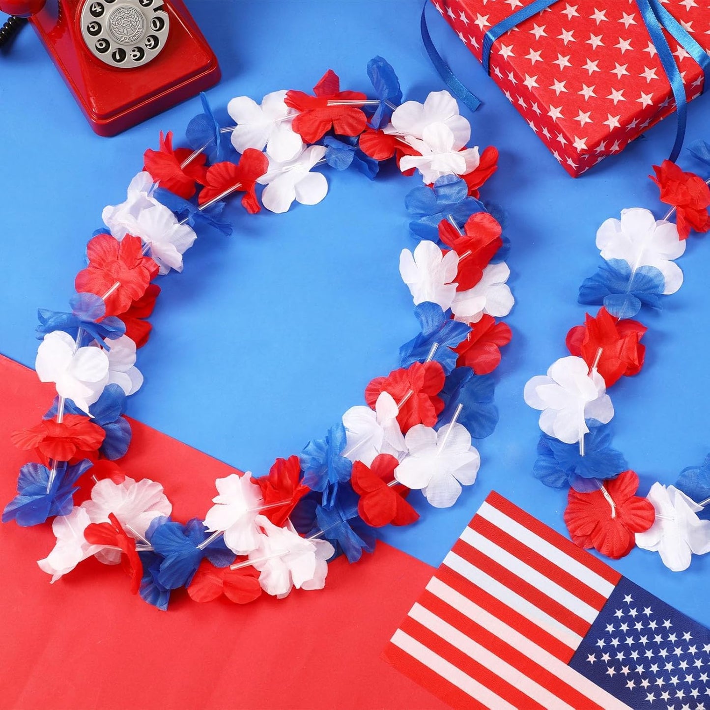 Patriotic Leis - 24 Pack Red White and Blue Flower Necklaces for 4th of July | Hawaiian Luau Decorations
