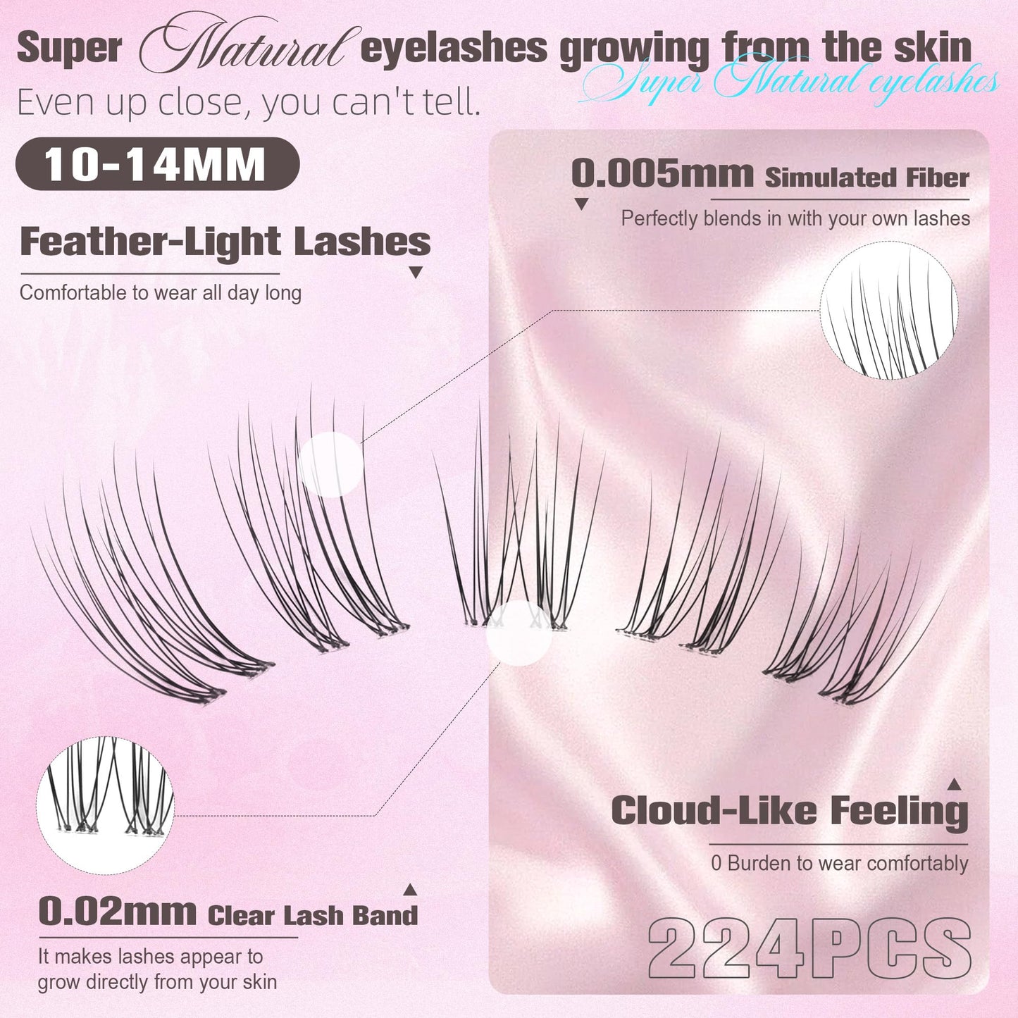 Natural Lash Clusters Wispy Eyelash Clusters Short 10-12-14MM Cluster Eyelash Extensions Clear Band Cluster Lashes 224PCS C Curl Individual Lashes for Clean Girl DIY Pestañas Postizas Naturales