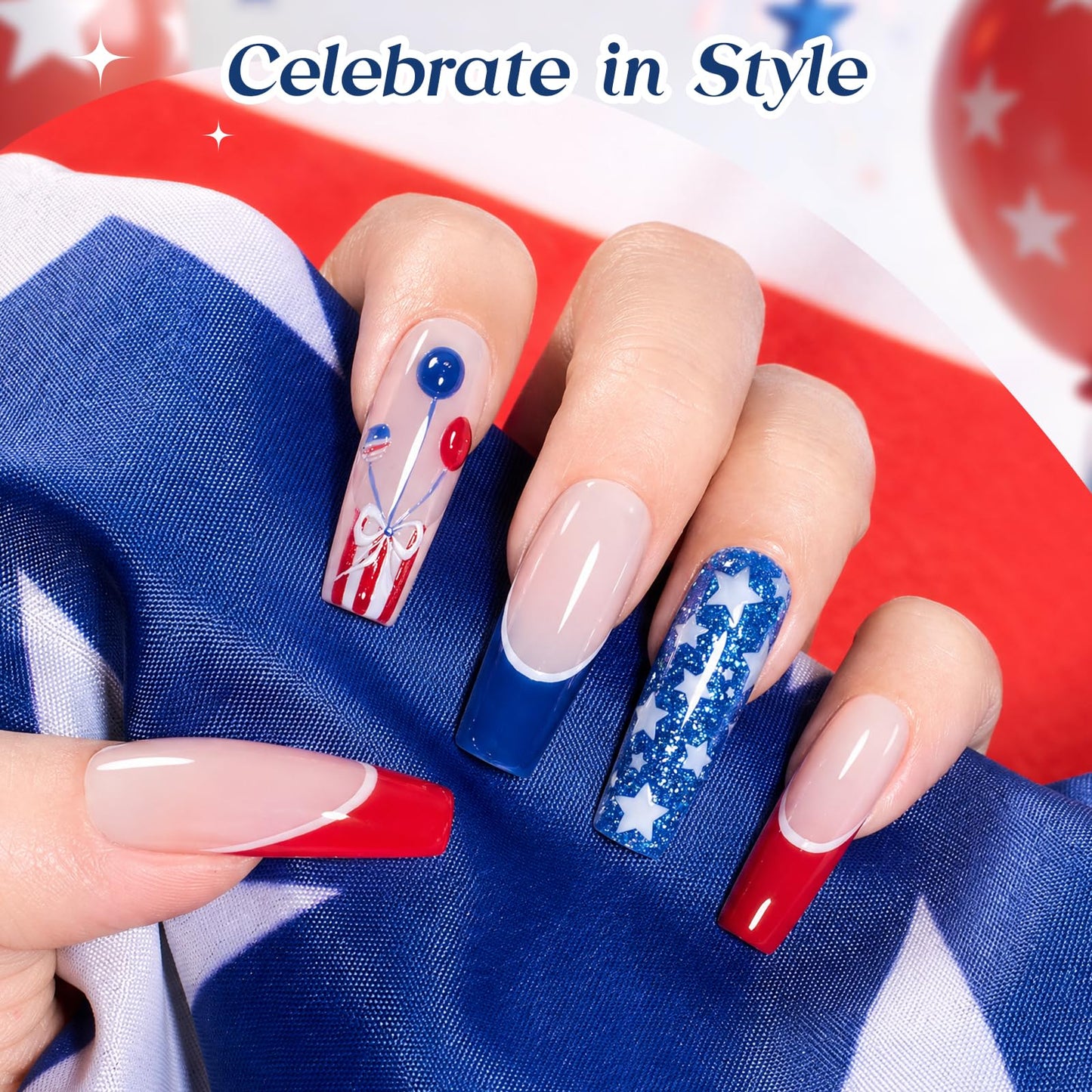 Beetles 4th of July Gel Nail Polish Set, 6 Colors Red White Blue Cat Eye Gel Polish Sliver Glitter Gel Polish with Magnet & Stickers, Patriotic DIY Nail Art Gift for Women