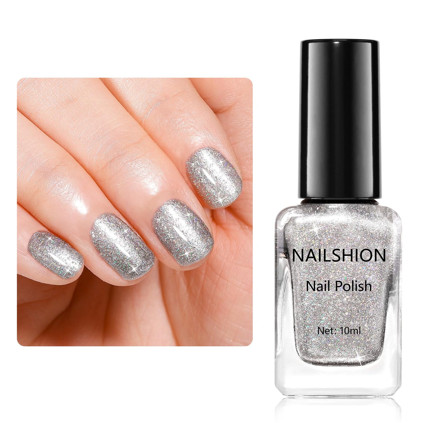 Nailshion Silver Sparkle Nail Polish Castor Oil-Based Glitter Rainbow Sparkly Regular Nail Polish, Fast Air Dry Steak-free Nail Lacquer Vegan Toe Fingernail Polish Nails Art DIY Home