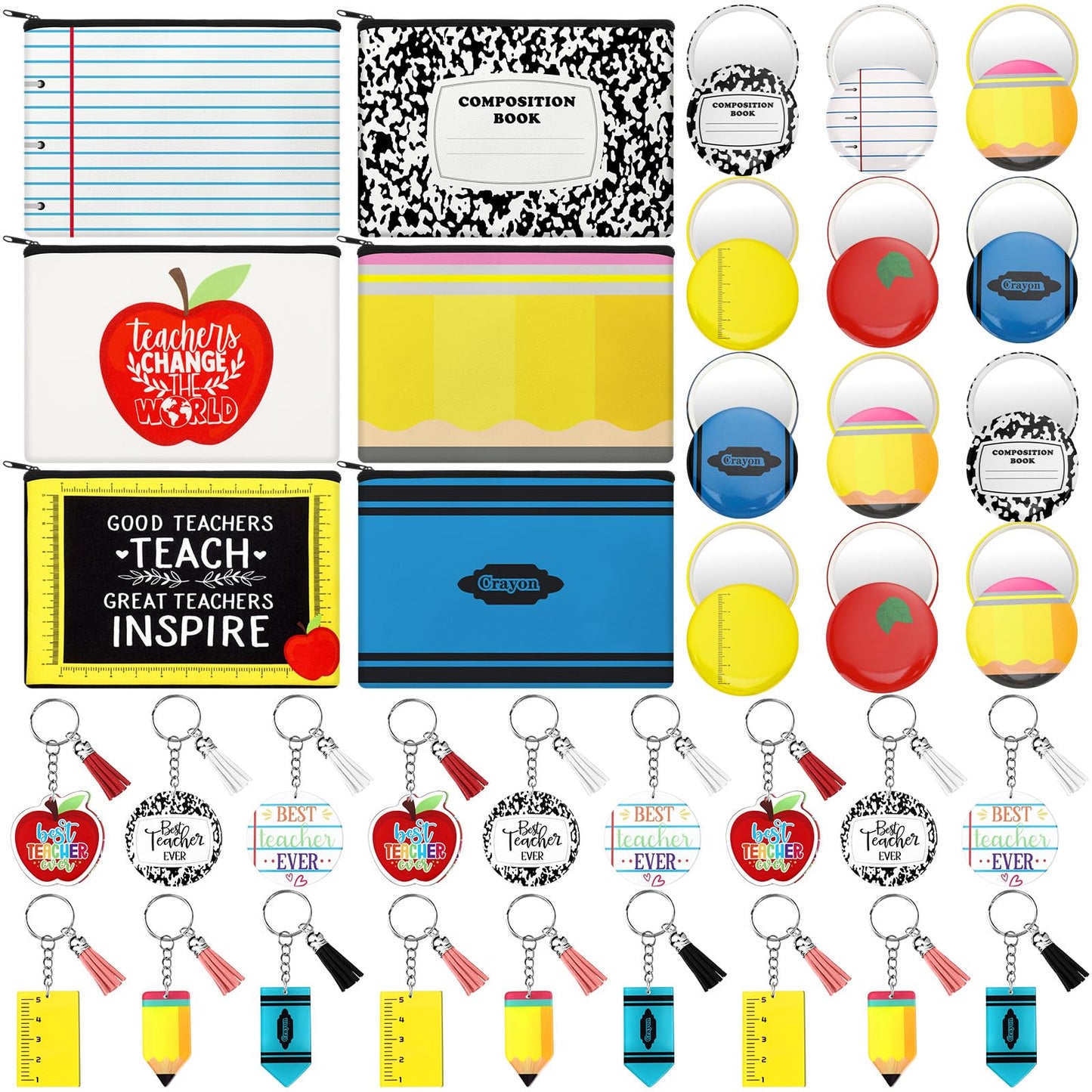 Kacctyen 54 Pcs Back to School Gift Bulk for Teacher Canvas Makeup Bags Mirrors Acrylic Keychains Classroom Back to School Party Favor Bracelets for Teachers Thank You Gifts