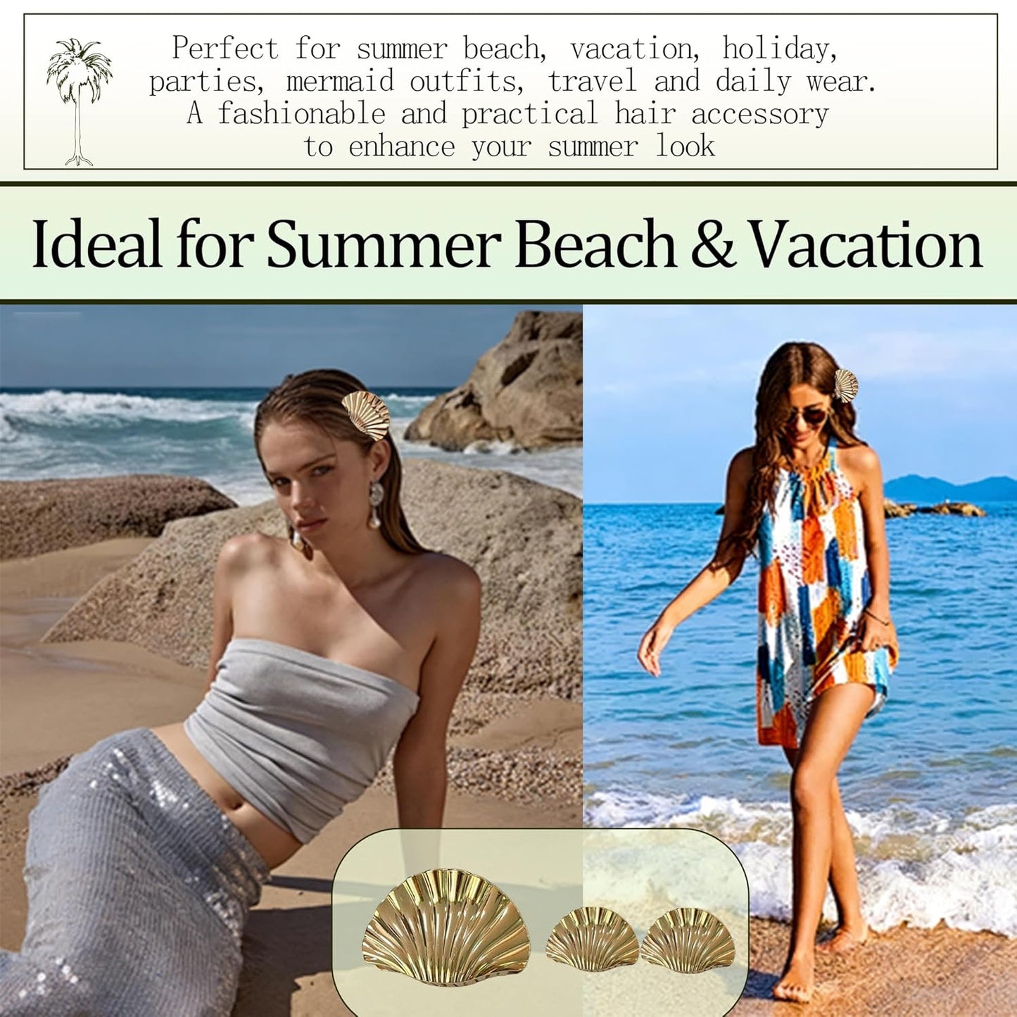 Seashell Hair Claw Clips - Gold Metal Clips for Thick/Thin Hair | 3PCS Set (1 Large + 2 Small)