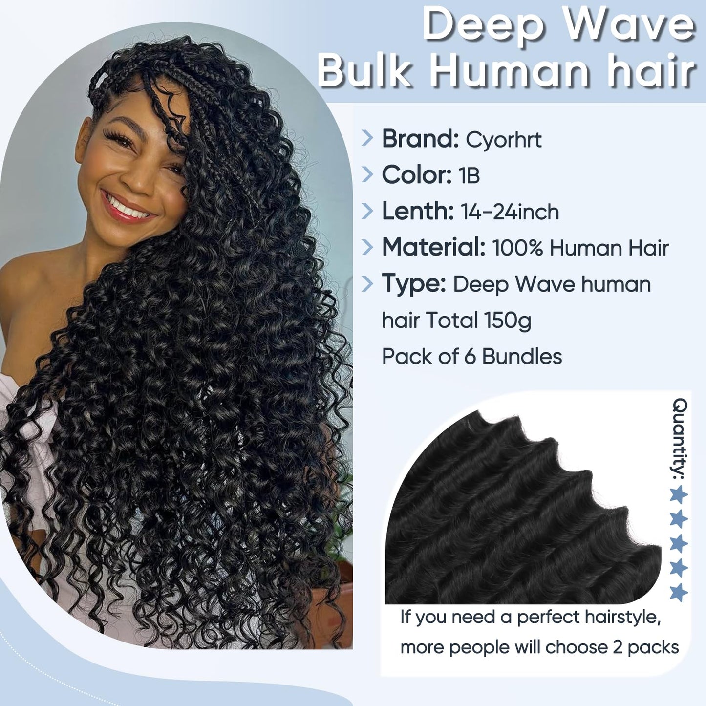 Human Braiding Hair for Boho Braids,150g 16 inch 6 Bundles Deep water Wave Bulk Boho Curly Human Hair for Braiding,Natural Color No Weft 12A Wet and Wavy Human Knotless Braiding Hair Extensions