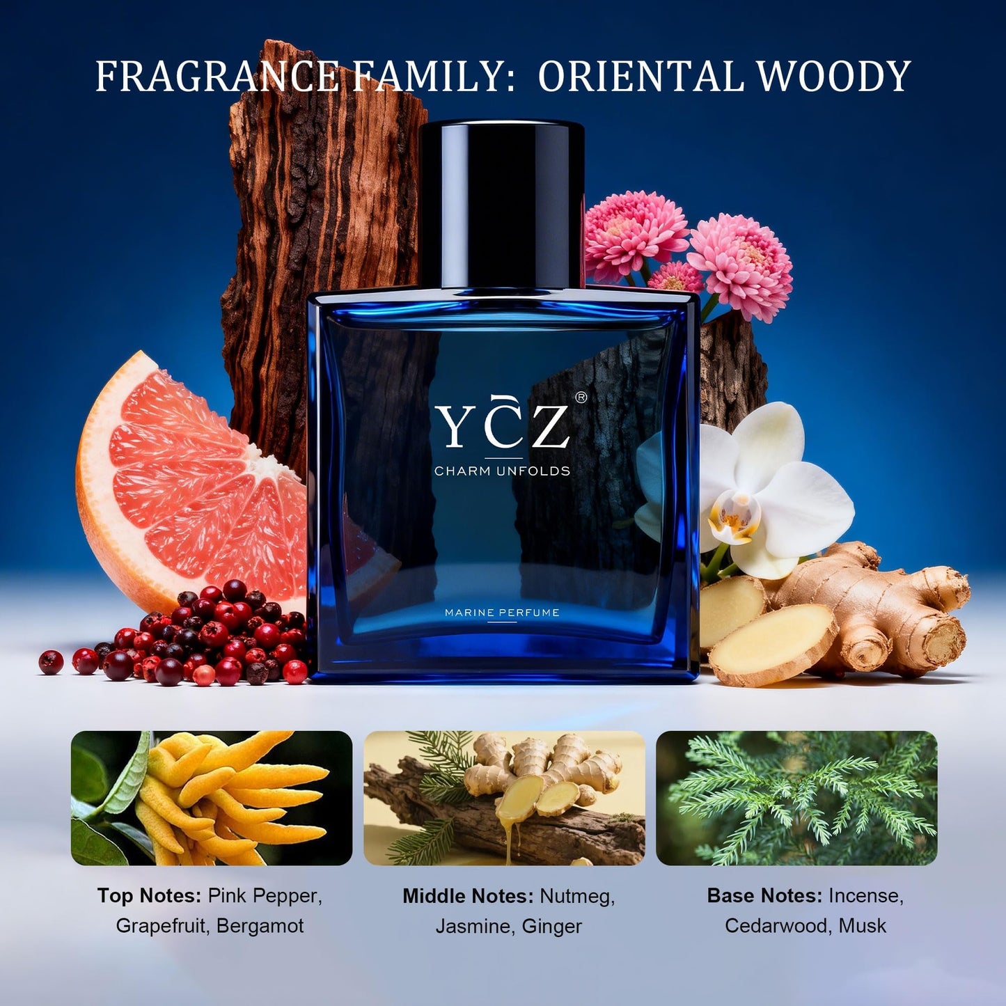 Ycz Charm Unfolds Marine Eau De Parfum for Men, Long Lasting Cologne with Fresh Marine & Oriental Woody Notes, 1.7 Fl Oz Masculine Fragrance for Daily Wear, Date Night, Travel & Gifts for Men
