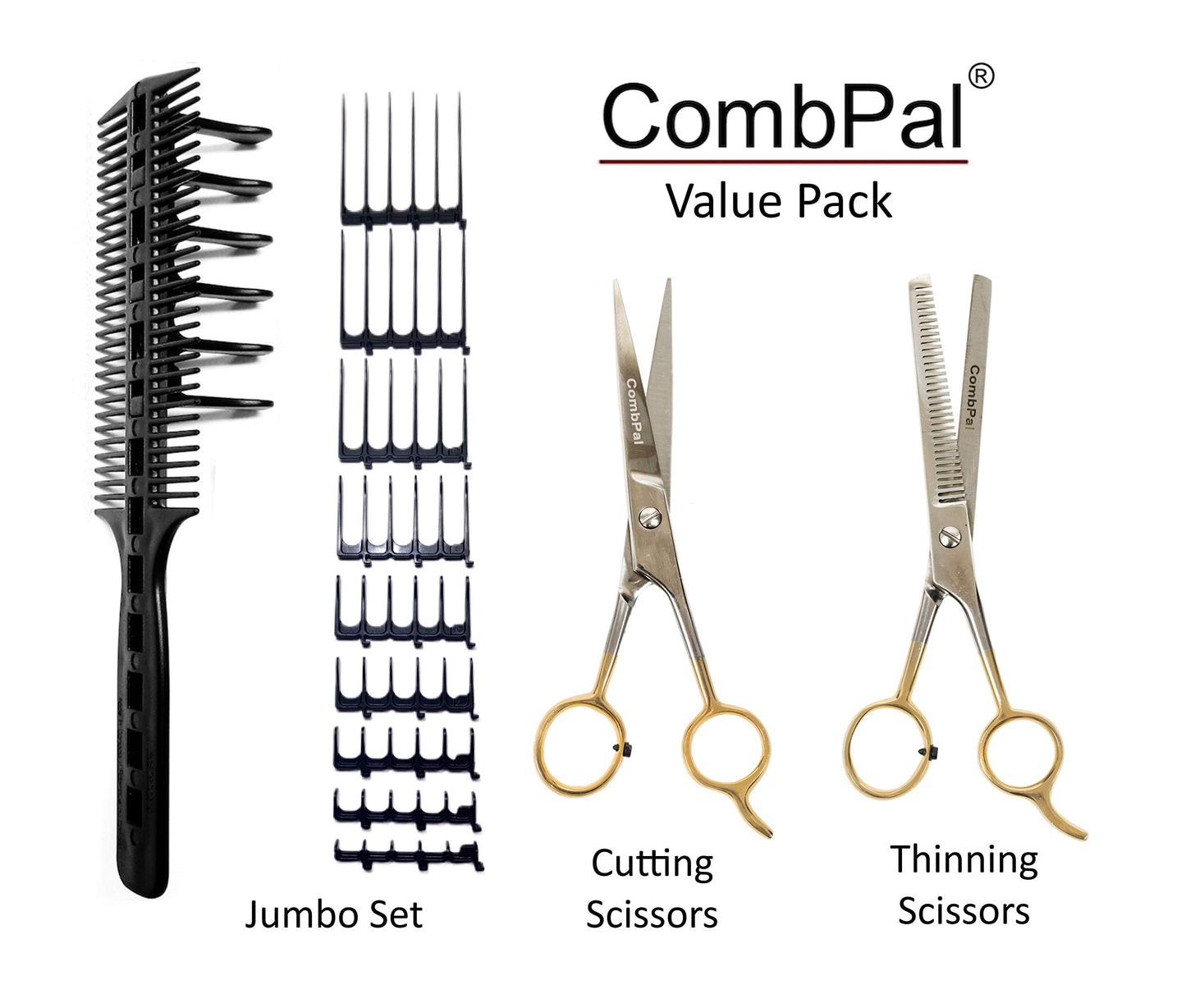 CombPal Scissor Clipper Over Comb Hair Cutting Tool - Barber Hair Cutting kit - DIY Home Hair Cutting Guide Comb Set (Jumbo Value-Pack, Black)
