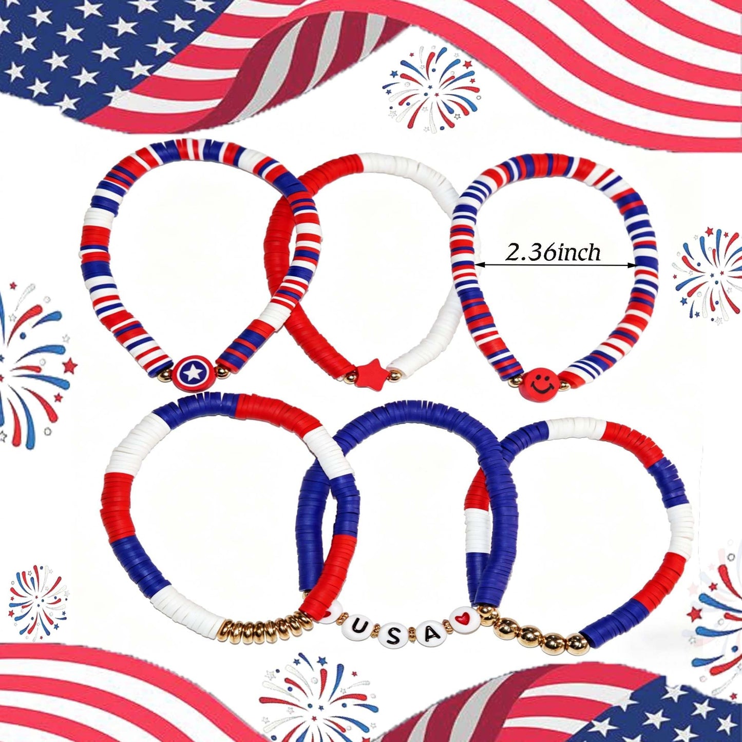 Go Ho 4th of July Outfits for Women,6PCS Beaded Stackable Stretch Bracelets,Red White and Blue Face Body Glitter,9PC Necklaces,3PC Star Glasses, Fourth of July Decorations Favors Accessories Set