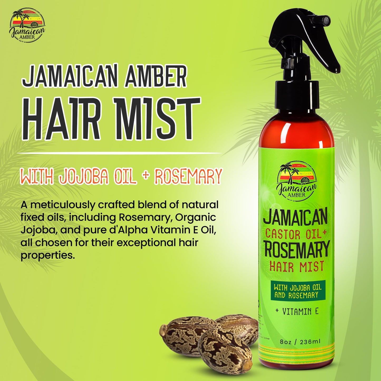 JAMAICAN Ambre Leave in Hair Mist - 8 fl oz / 236 ml - Strengthening Hair Spray, Detangles Knots, Refreshes Scalp, Instant Hydration, Hair Strength - Nourished Hair Scalp with Rosemary & Castor Oil