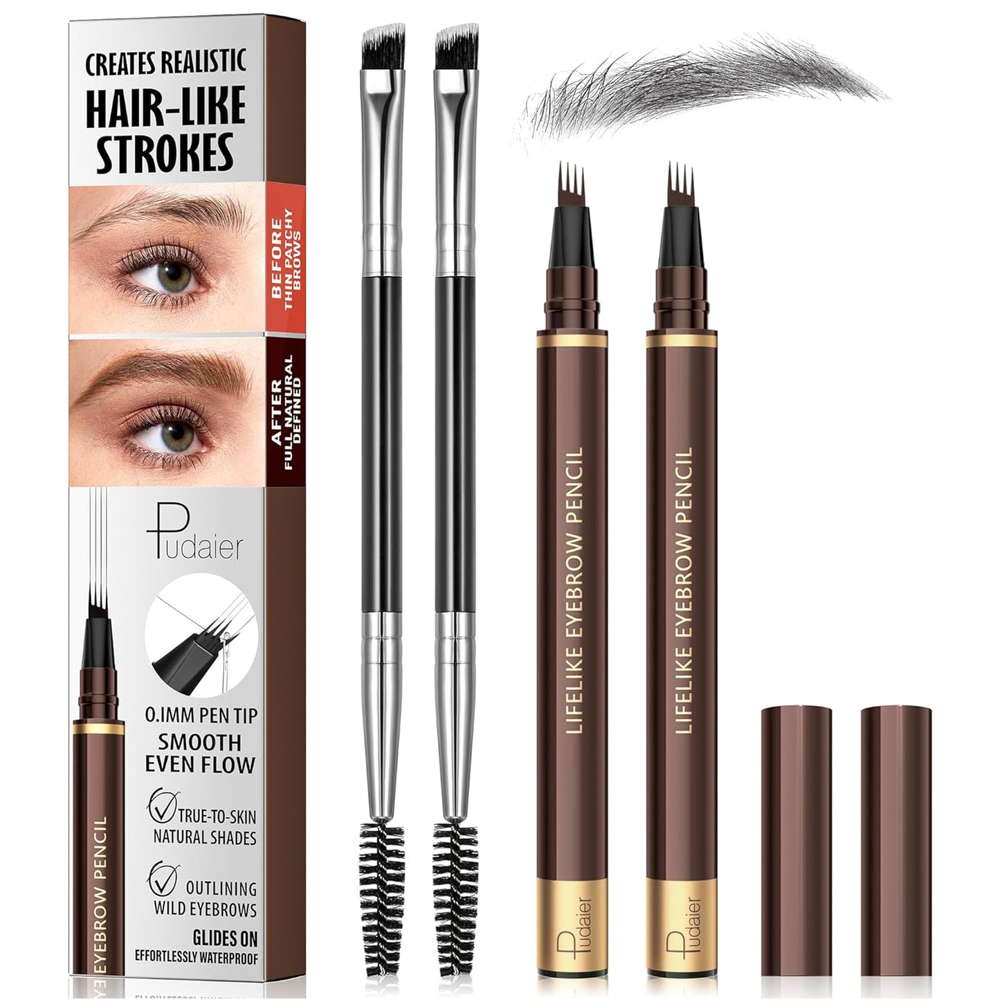 Microblading Eyebrow Pen Set - 4-Tip Waterproof Vegan Formula for Natural Hair-Like Strokes | 2 Pack Soft Brown