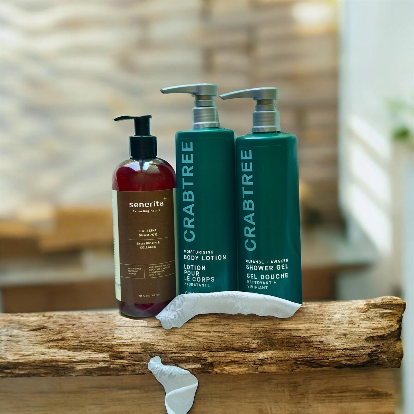 Crab tree Moisturising Body Lotion 443ml, Cleanse and Crab tree 443ml Awaken Shower Gel, Senerita Luxury Hair and Body Care Set, Caffeine Shampoo with Biotin and Collagen 400ml , 3 Piece