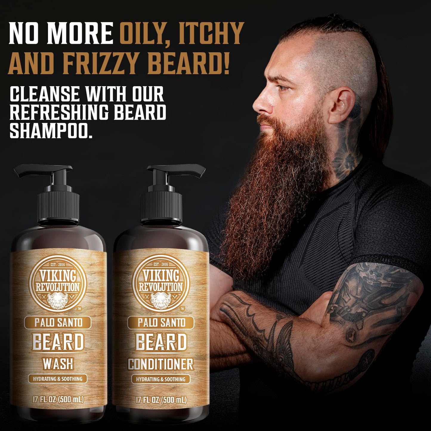 Viking Revolution Beard Wash & Beard Conditioner Set with Palo Santo Scent - Softens and Strengthens for Mens Hygiene Beard Shampoo with Beard Oil (2pack, 17 oz)