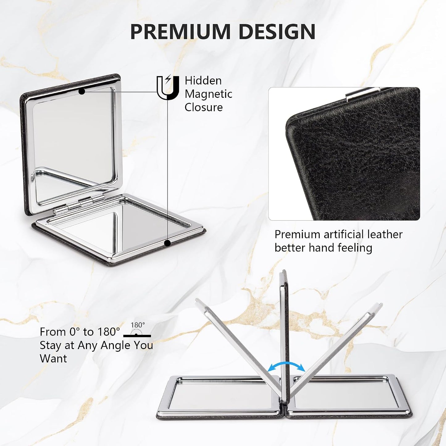 Compact Mirror - 1x/2x Magnifying Foldable Cosmetic Mirror | Portable Travel Size for Pocket & Purse (Black)