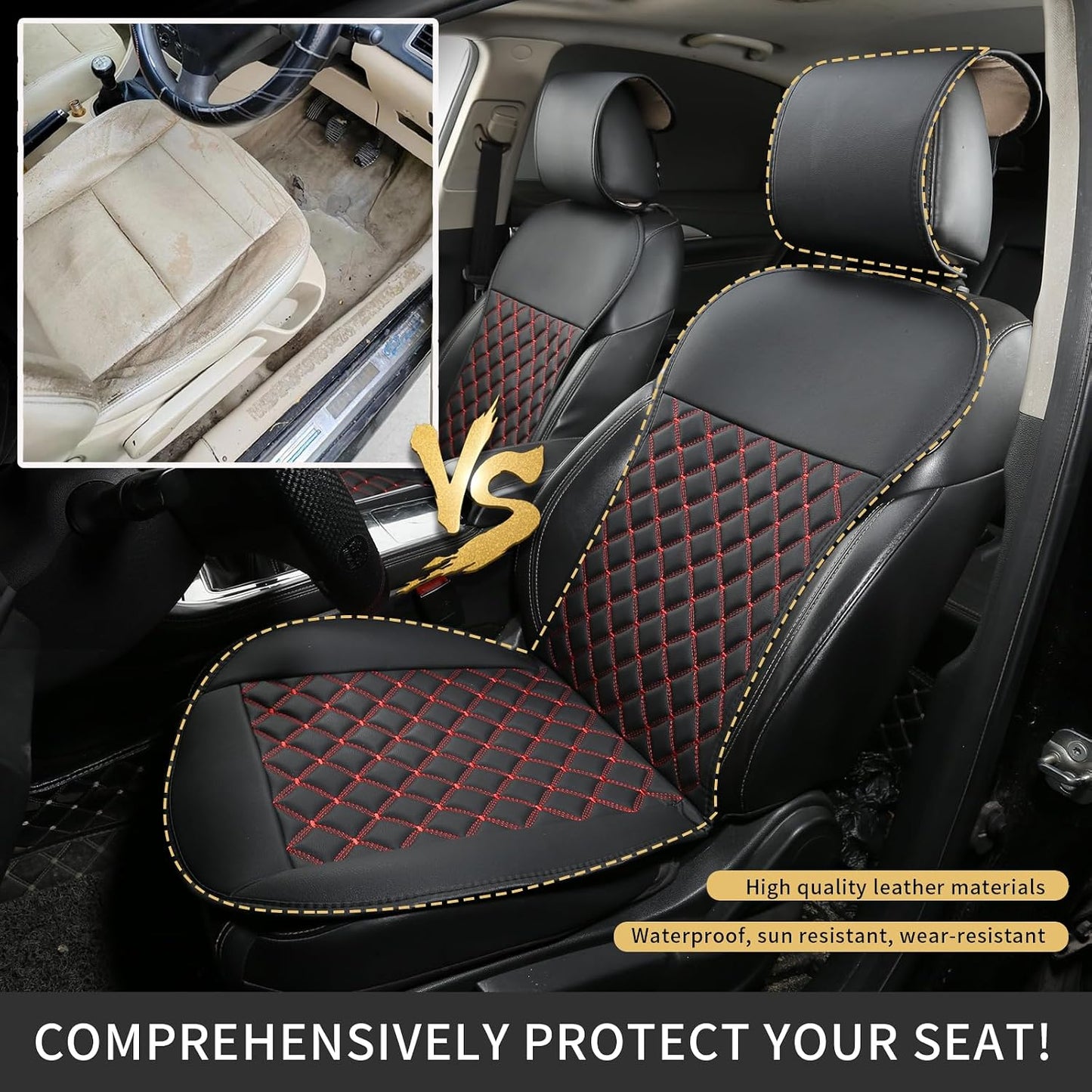 Universal Car Seat Covers - Waterproof Leather Protector for Airbag-Compatible Vehicles | 2-Pack Black-Red