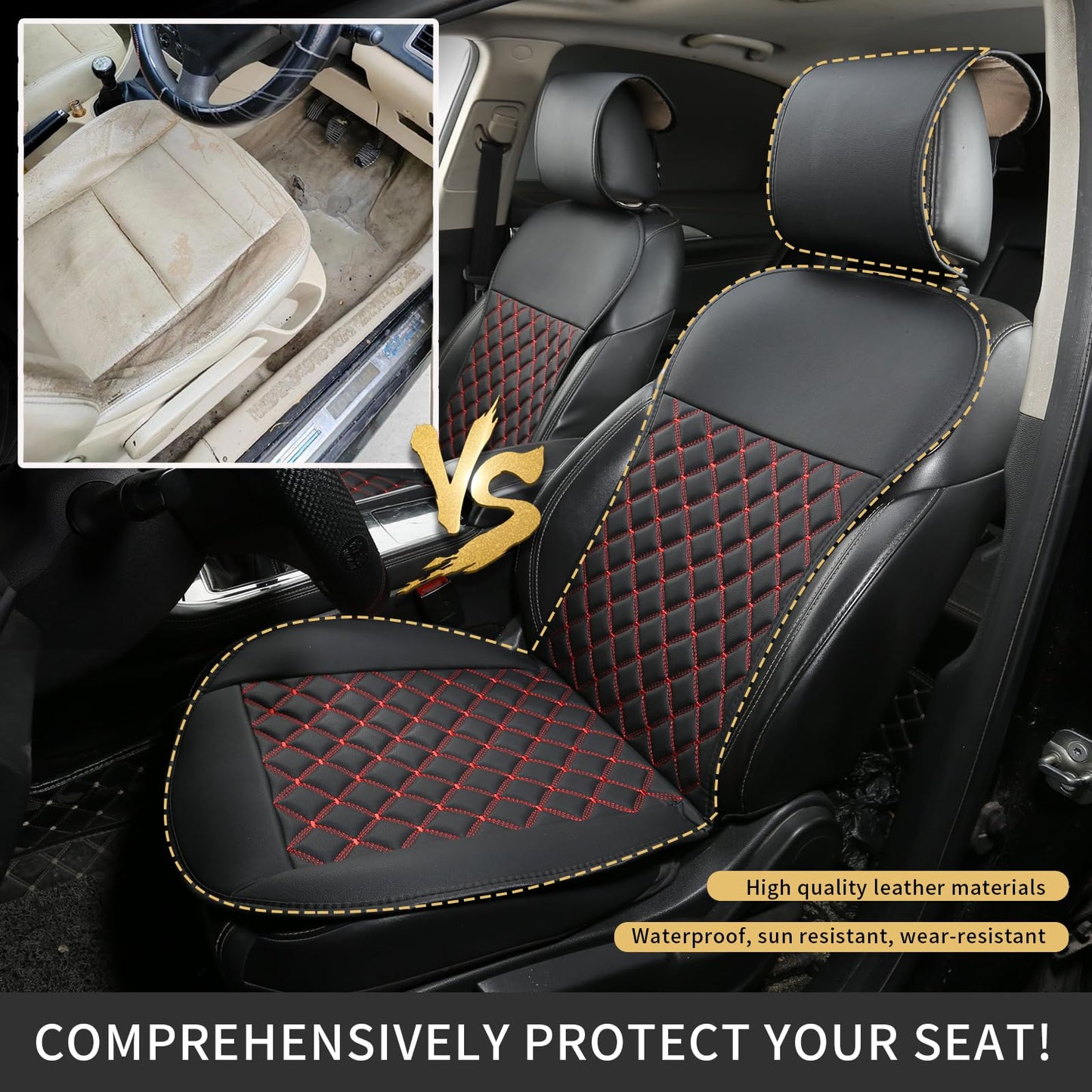 ZMOIVOK 2pcs Car Seat Covers,Leather Water Proof Material No Slip Soft Car Seat Protector Side not Wrapped,for Car with Airbags,Seat Covers Universal for Most Automotive,Suvs,Vans,Trucks (Black-Red)