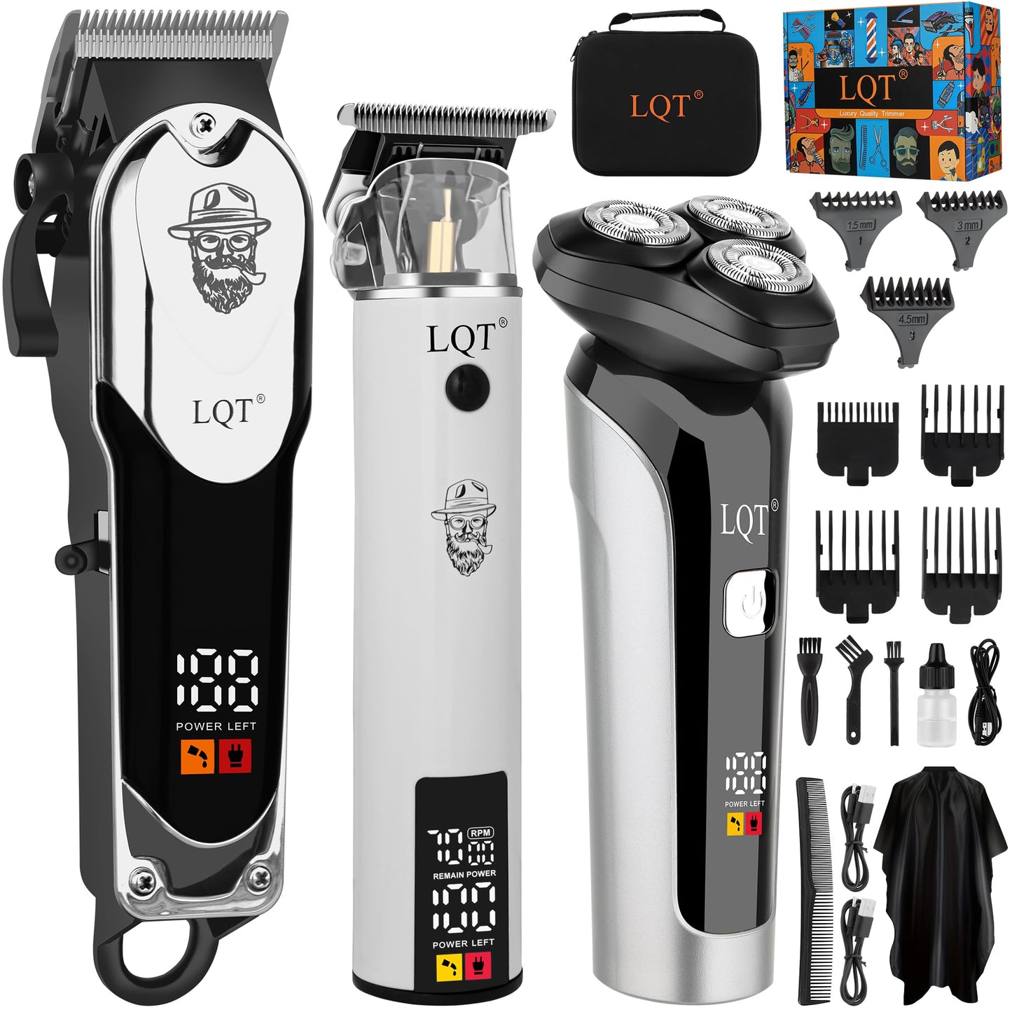 LQT Professional Barber Kit for Men, Cordless Hair Clipper, Trimmer & Rotary Shaver Set with LED Display, USB-C Rechargeable Battery,Precision Blades,Adjustable Speeds,Low Noise,Grooming Gifts for Men