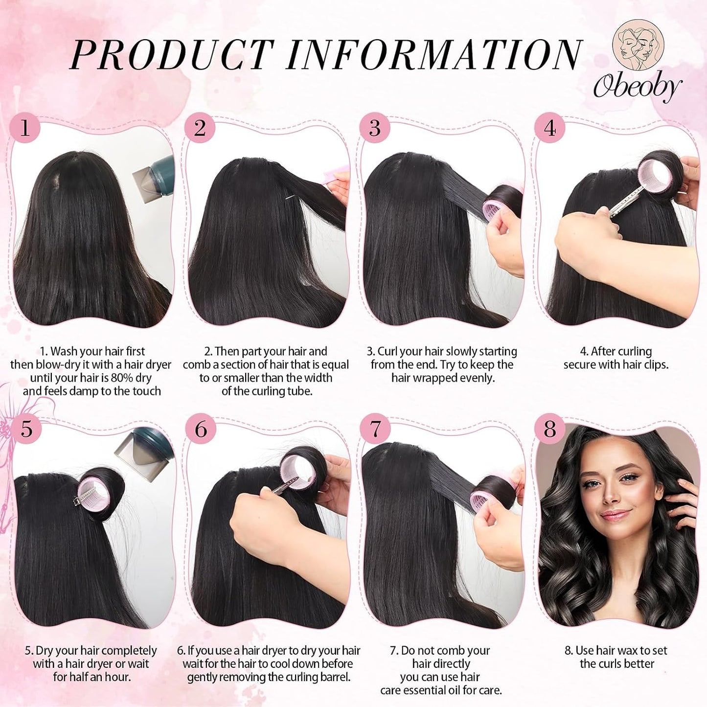 Self-Grip Hair Rollers Set - 50 Pcs for Long, Short Hair & Bangs | 4 Sizes (25mm, 36mm, 48mm, 60mm) - Pink