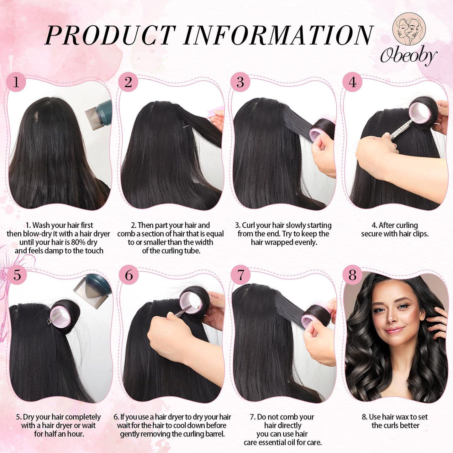 4 Sizes Self-Grip Hair Rollers Set for Long, Short Hair and Bangs - 50 Pcs with Clips (25mm, 36mm, 48mm, 60mm), Pink