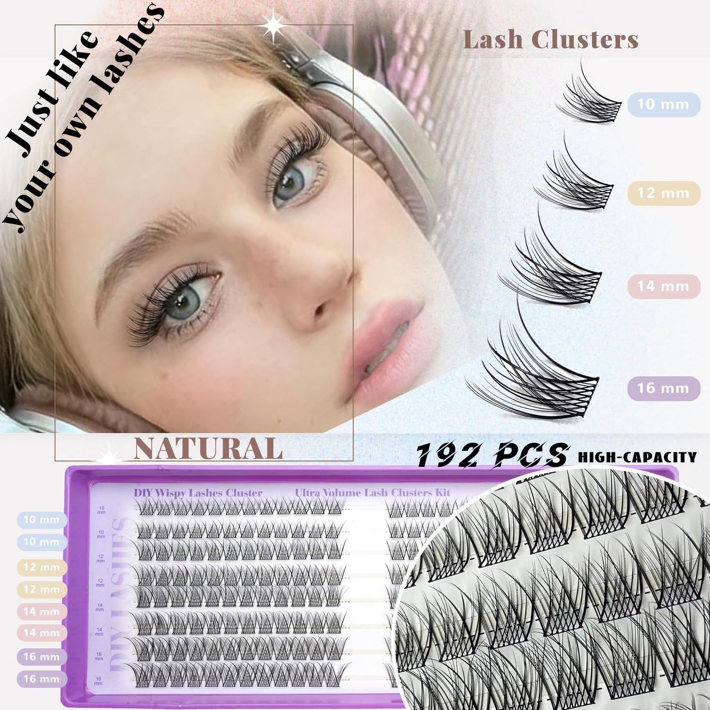 Wispy Lash Clusters, Natural Lash Cluster Eyelash Extensions 192 Pcs C Curl 10-16mm Individual Fluffy False Eyelashes Thin Band DIY for Beginners at Home