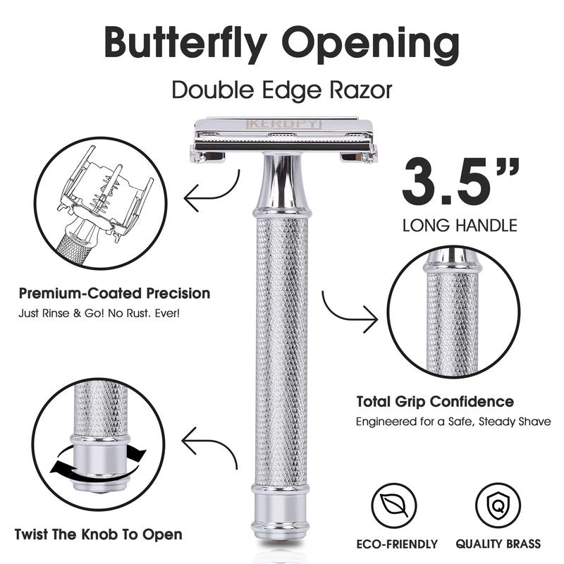 Keropy Safety Razor for Men, Butterfly Open Weighted Heavy Handle Razor,10 Premium Stainless Steel Blades, Vote for classic metal quality, rather than paying for overpriced blades.