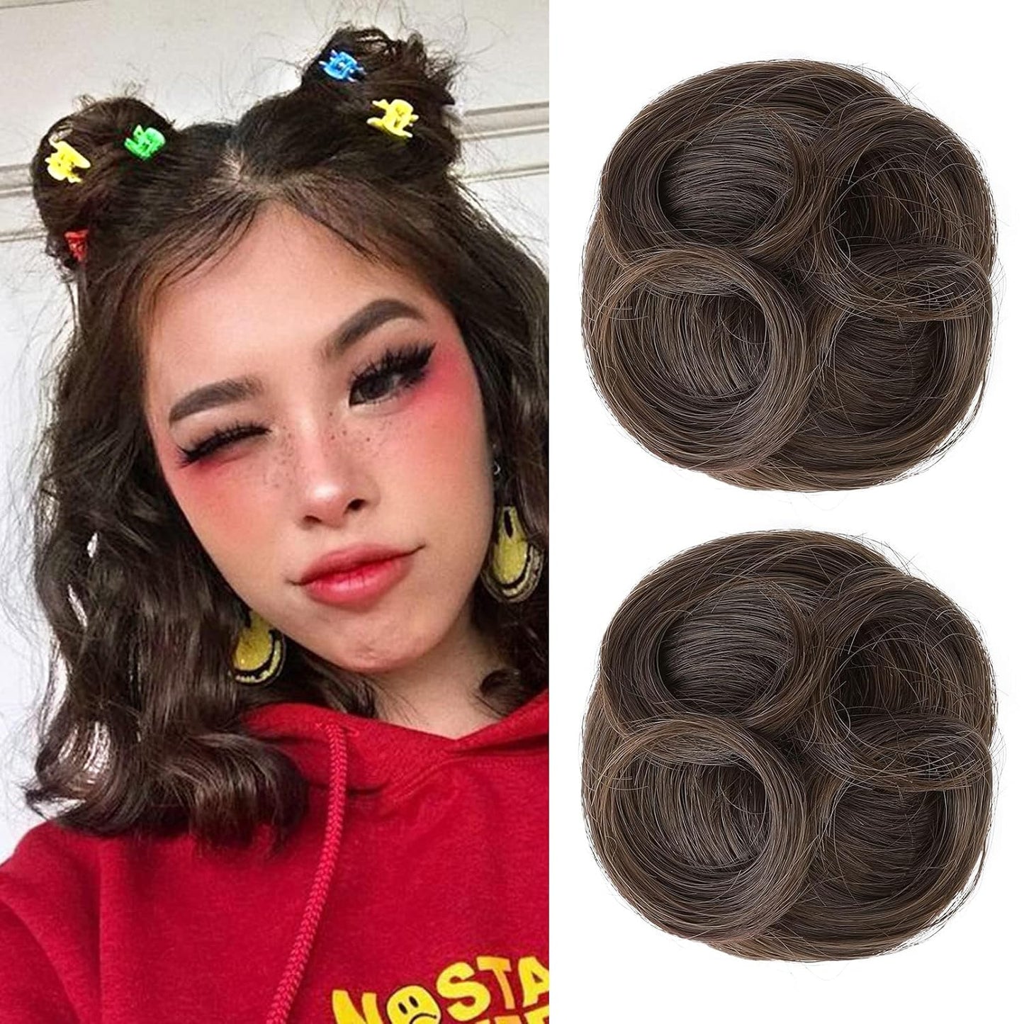 Mini Claw Clip Hair Bun Extensions - 2 PCS Messy & Cat Ears Updo Accessories | Golden Blonde Mix