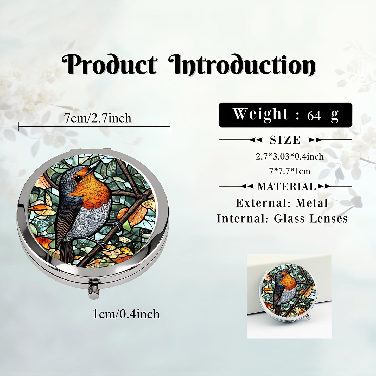 Silver Compact Mirror, 2.8x2.8inch Double-Sided Folding Makeup Mirror with Robin Bird Stained Design, Ideal Gift for Women