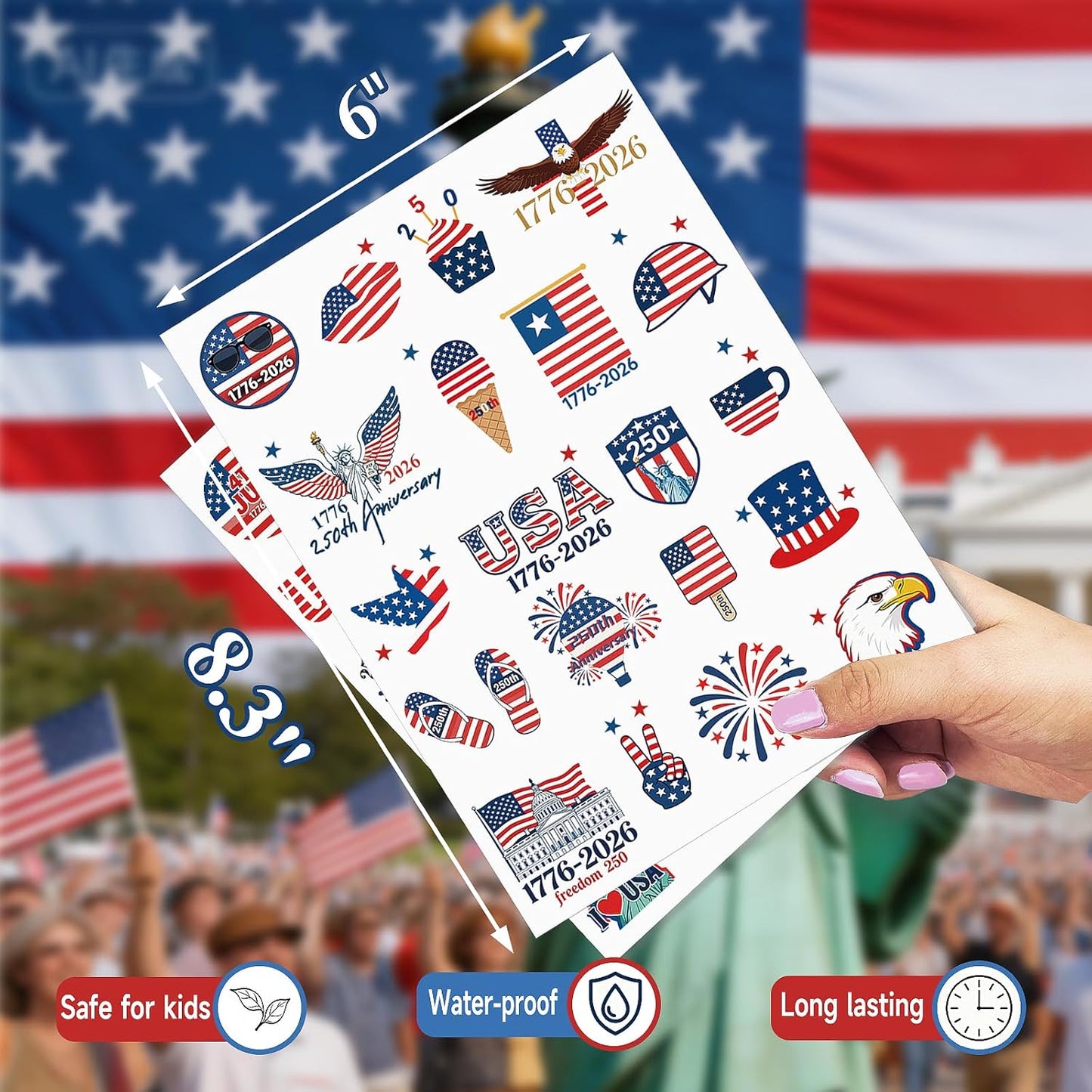 Temporary Tattoos - 250th Anniversary US Flag Designs | 80 Patriotic Stickers for Teens & Adults