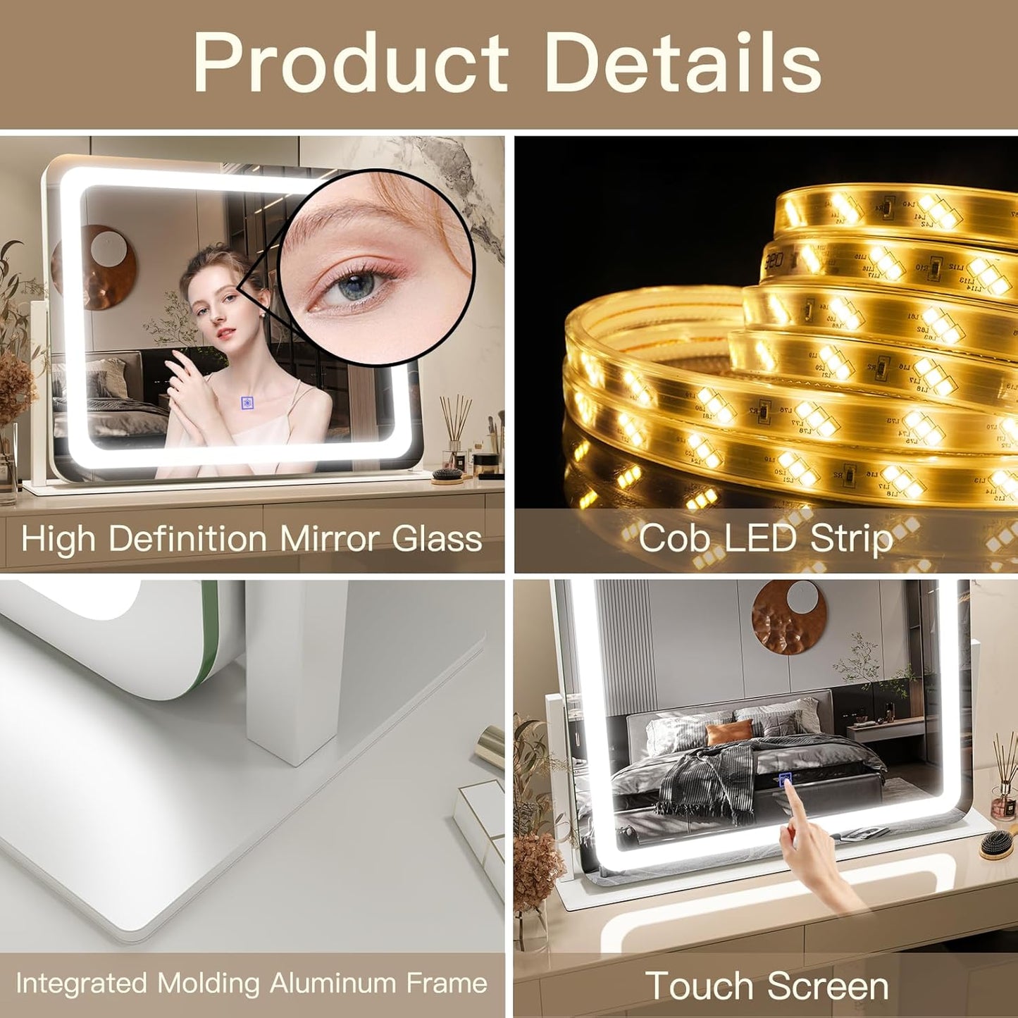 FENNIO Vanity Mirror with Lights - 22''x17'' Dimmable Makeup Mirror with Touch Screen & 3-Color Lighting