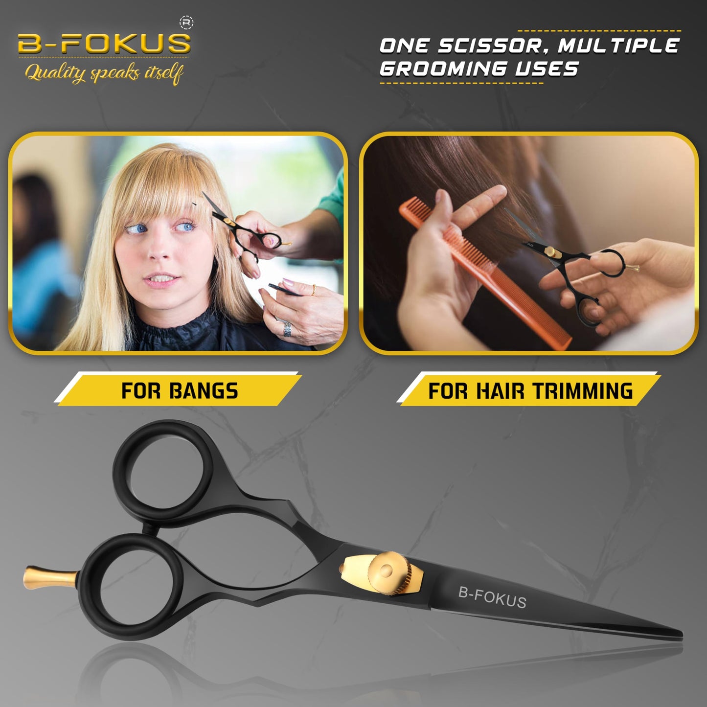 B-FOKUS Hair & Beard Trimming Scissors Kit – 5.5” High Carbon Stainless Steel Mustache & Hair Scissors for Men, Women & Kids Adjustable Tension Screw – Come with Tweezers, Combs & Travel Pouch