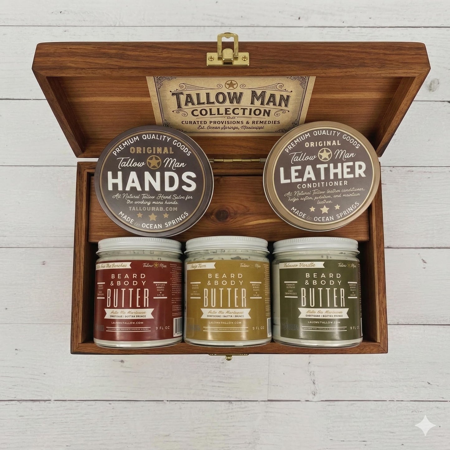 Tallow Man Deluxe Gift Set - Beard Butter Trio (Bay Rum, Tobacco Vanilla, Barbershop), Hand Salve & Leather Conditioner | Premium Men's Grooming | 5-Piece Set