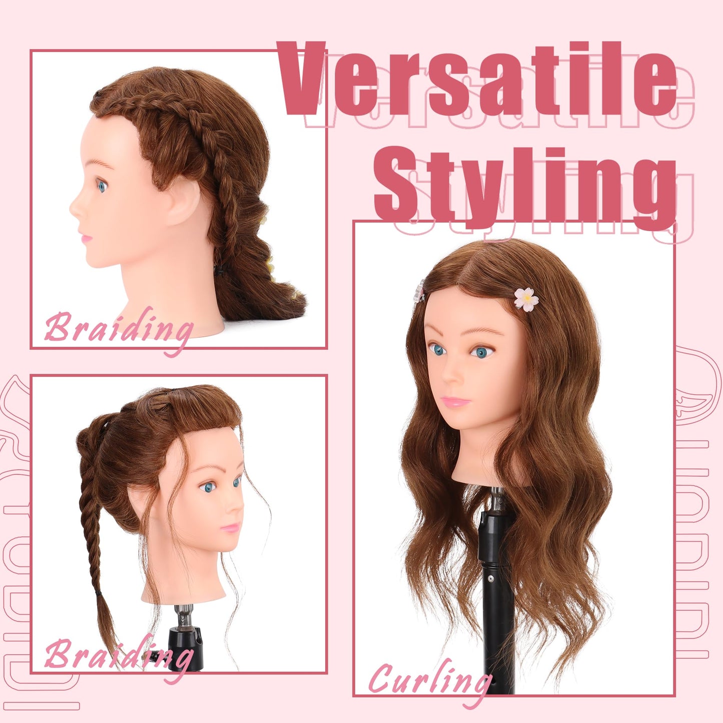 Mannequin Head Human Hair 22"-24" Female 100% Human Hair Mannequin Head Hair Styling Cosmetology Manikin Head Doll Head for Hairdresser with Clamp Holder and Tools (dark brown)