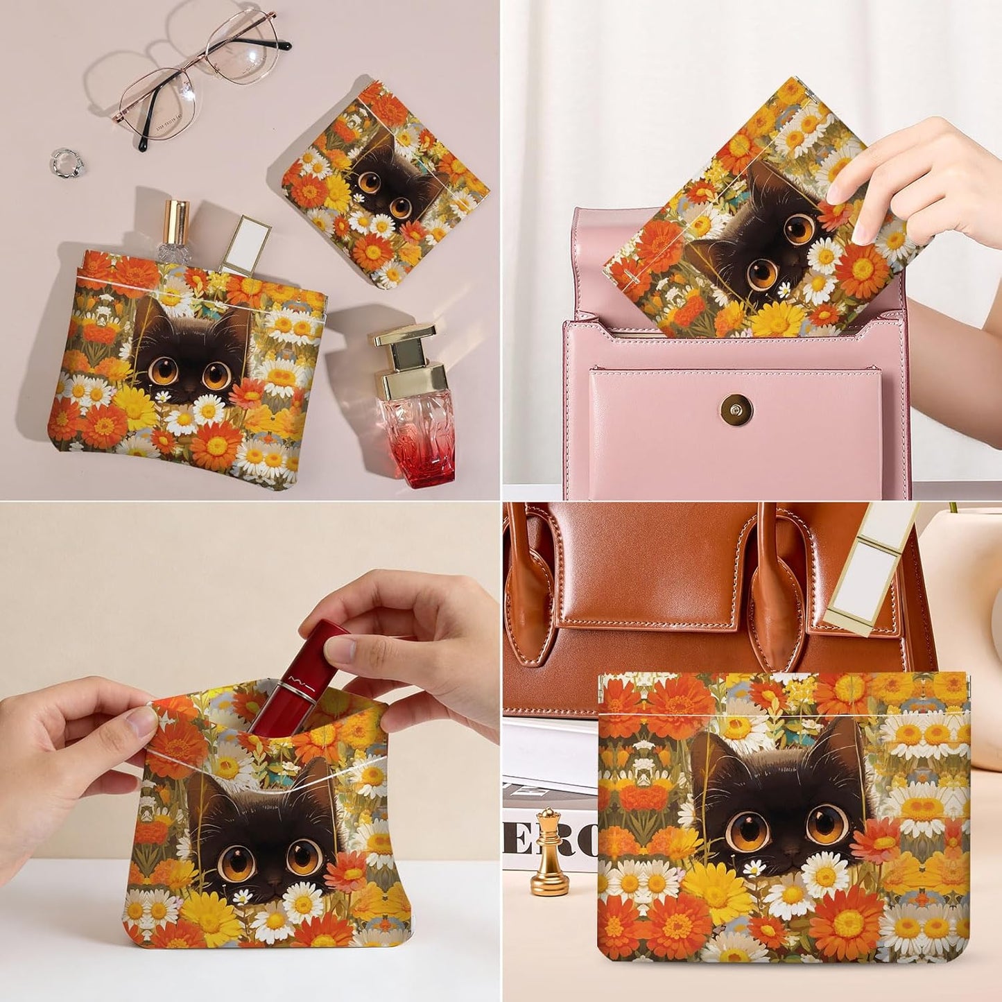 Makeup Bag Set - 2 PCS PU Leather Cosmetic Pouches for Travel | Self-Closing, Portable Design with Orange Flowers and Cats