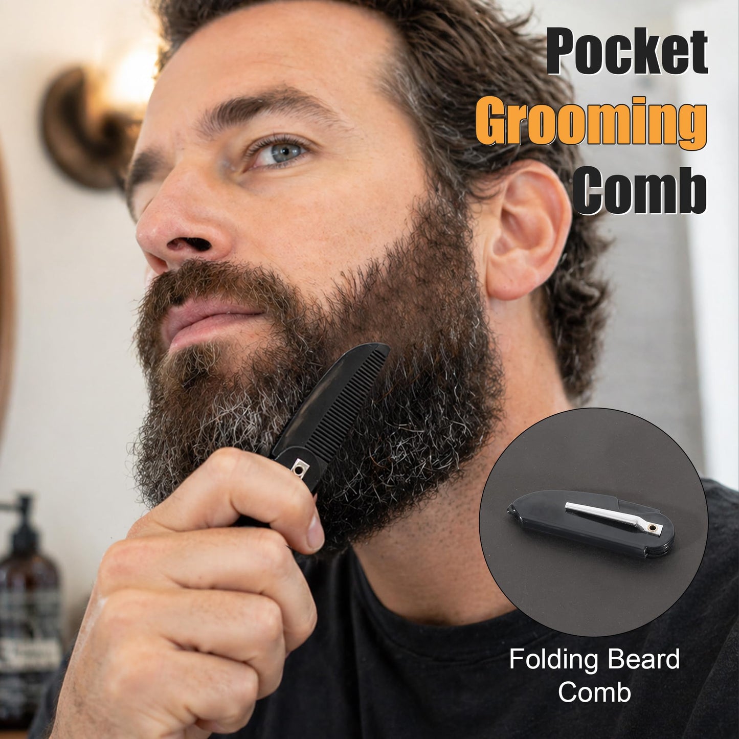 BFWood Beard Brush for Men - Natural Round Boar Bristles Brush Comb Set with Walnut Wood, Foldable Mustache Comb and Trimming Sissors, Small Beard Brush Grooming Mustaches Kit for Travel