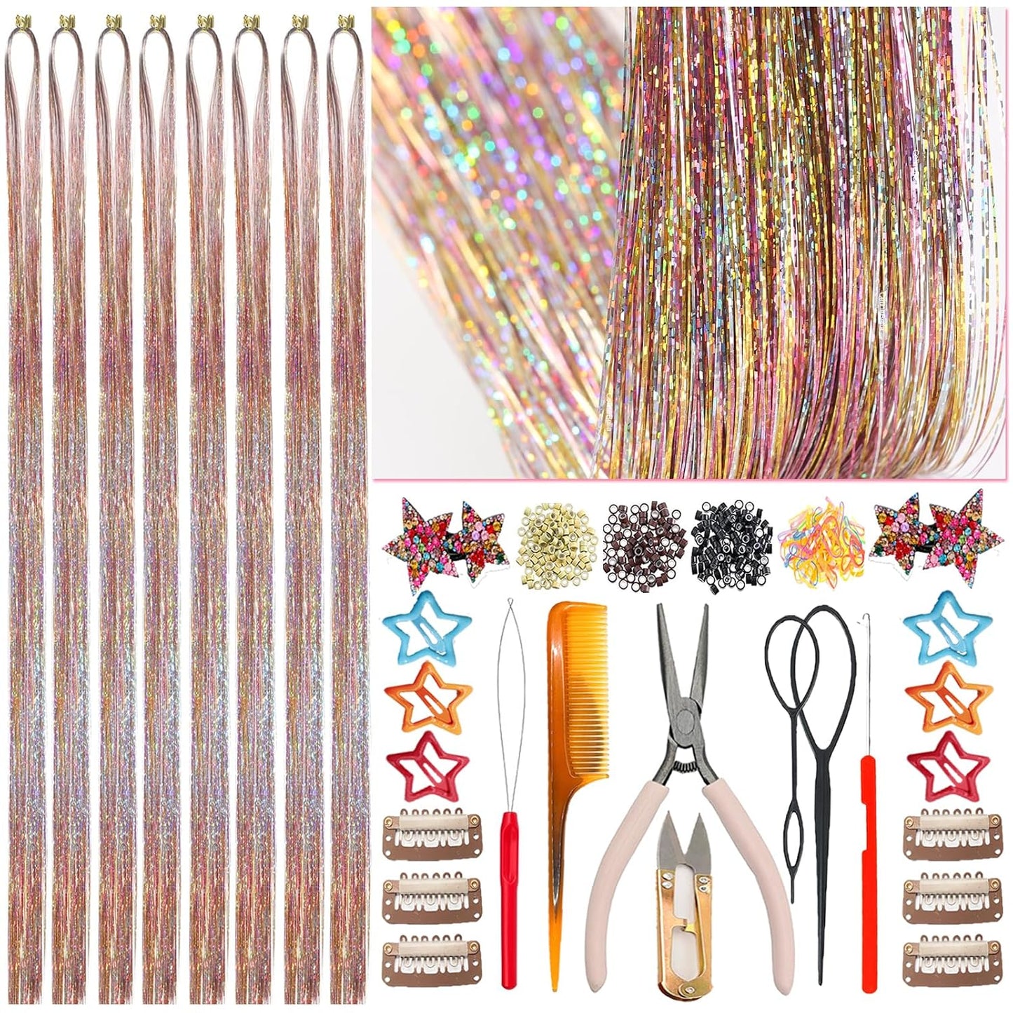 Gold Turquoise Hair Tinsel - Ice Crystal Effect, 48 Inch, 1250 Strands | Heat Resistant Sparkling Glitter for Women Party Cosplay
