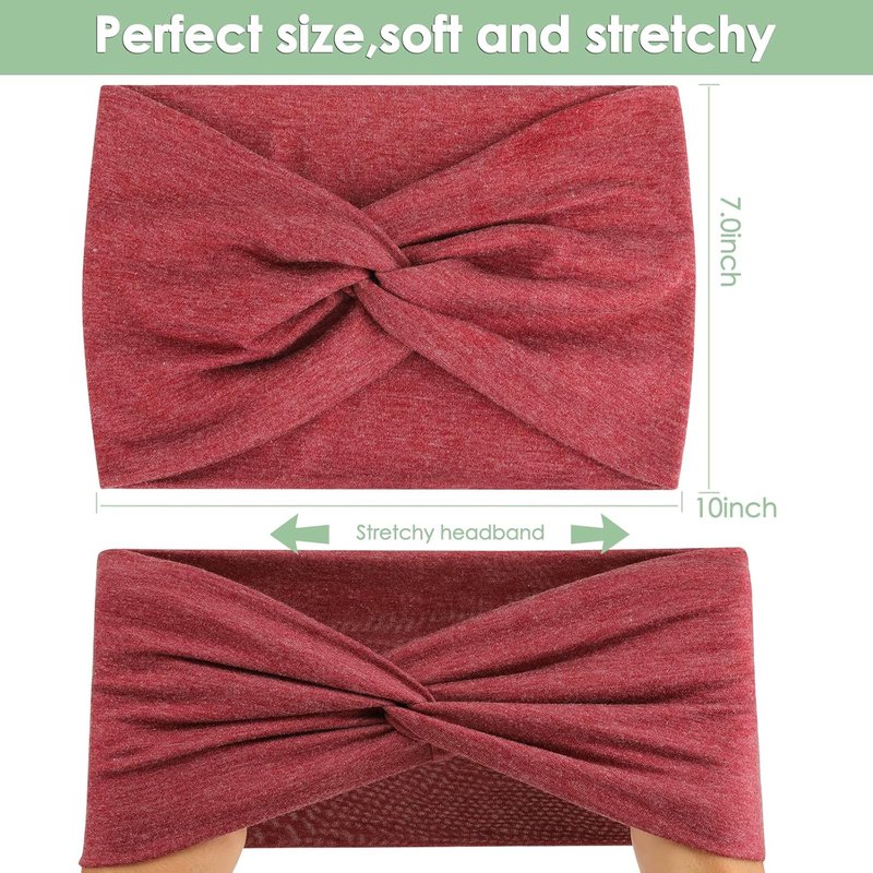 Extra Wide Headbands for Women - 7'' Cotton Turban Knotted Bandanas | Non-Slip Boho Hair Accessories - 6 Pack