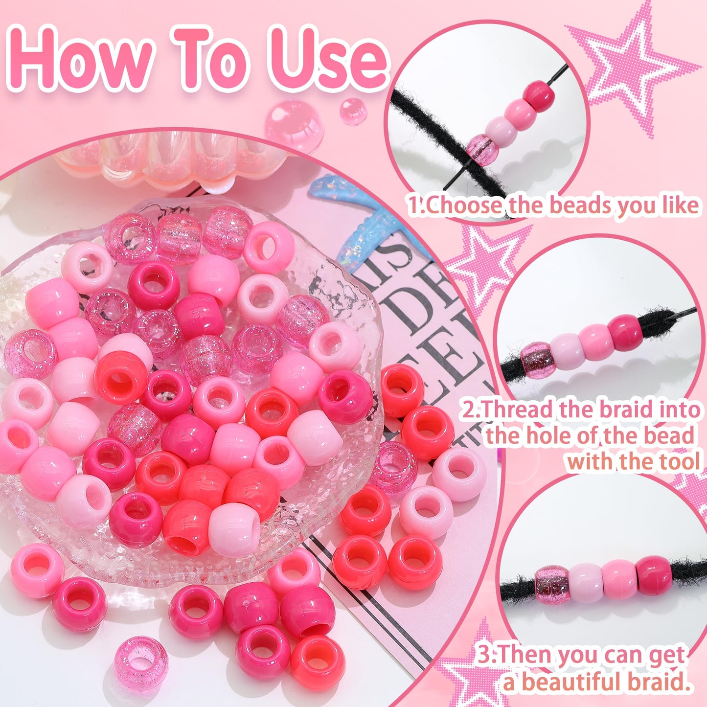 NAISKA 60PCS Pink Hair Beads Large Hole Bead for Hair 5 Colors Acrylic Round Dreadlock Beads Gradient Pink Braids Accessories for Kids Girls