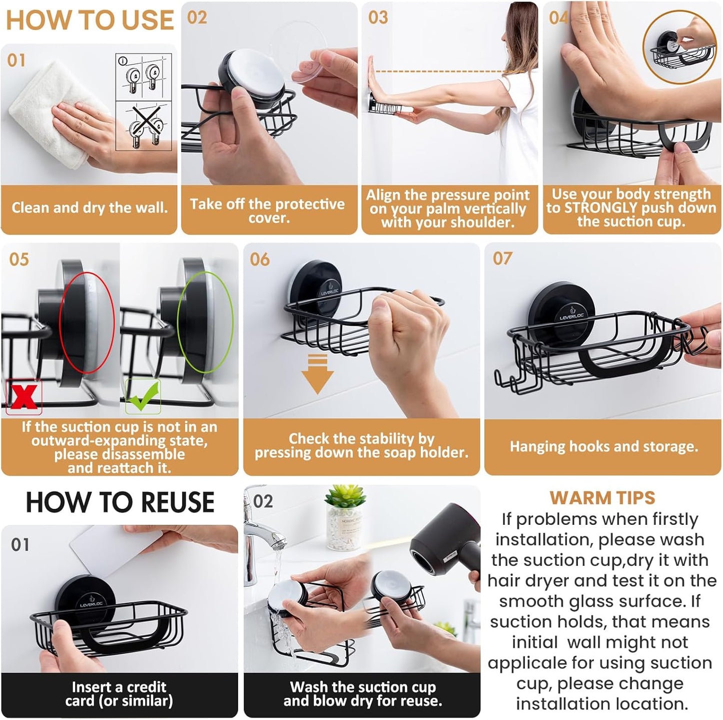 LEVERLOC Bar Soap Holder - Rustproof Stainless Steel Shower Soap Dish with Hooks | Black