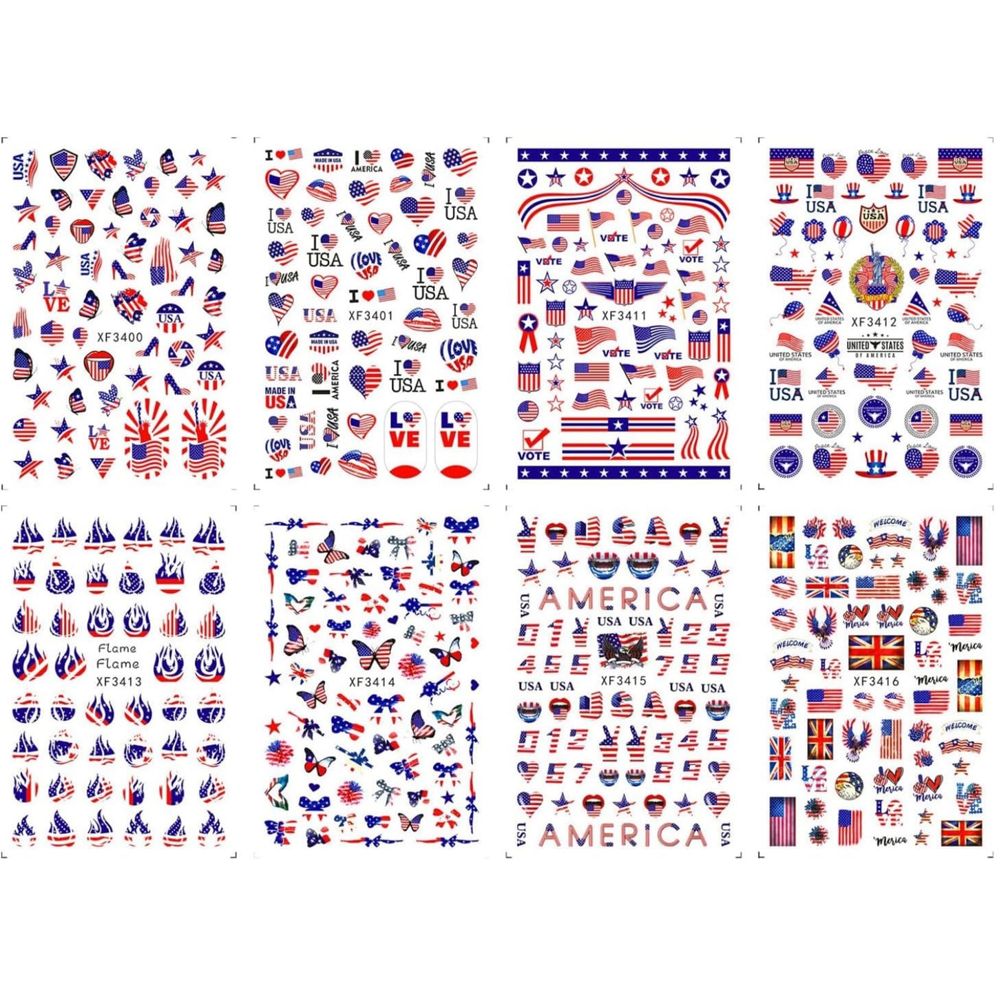 8 Sheets 4th of July Nail Stickers for Nail Art American Flag Patriotic Nail Decals Independence Day Nail Art Stickers USA Flags Butterfly Heart Star Holiday Nail Design for Women