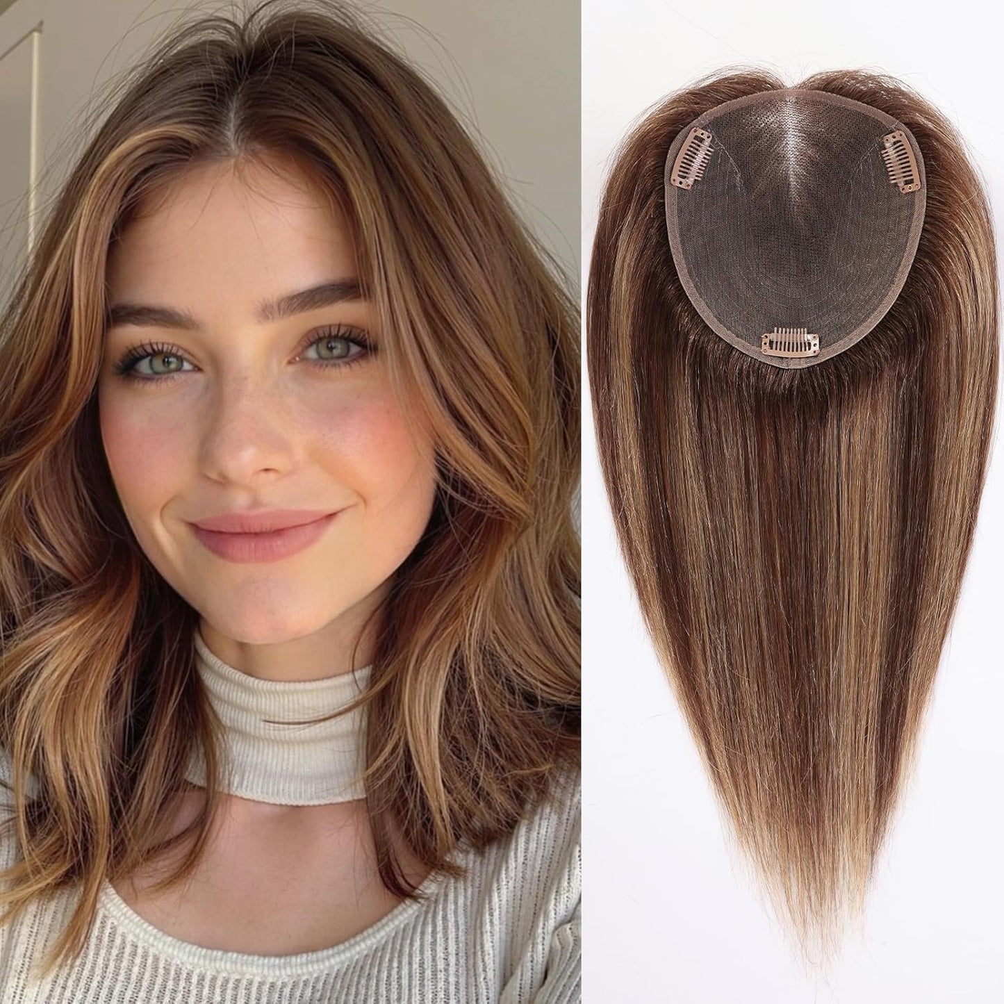 Real Human Hair Toppers for Women - 14 Inch Silk Base, Mixed Brown with Bangs | 60g