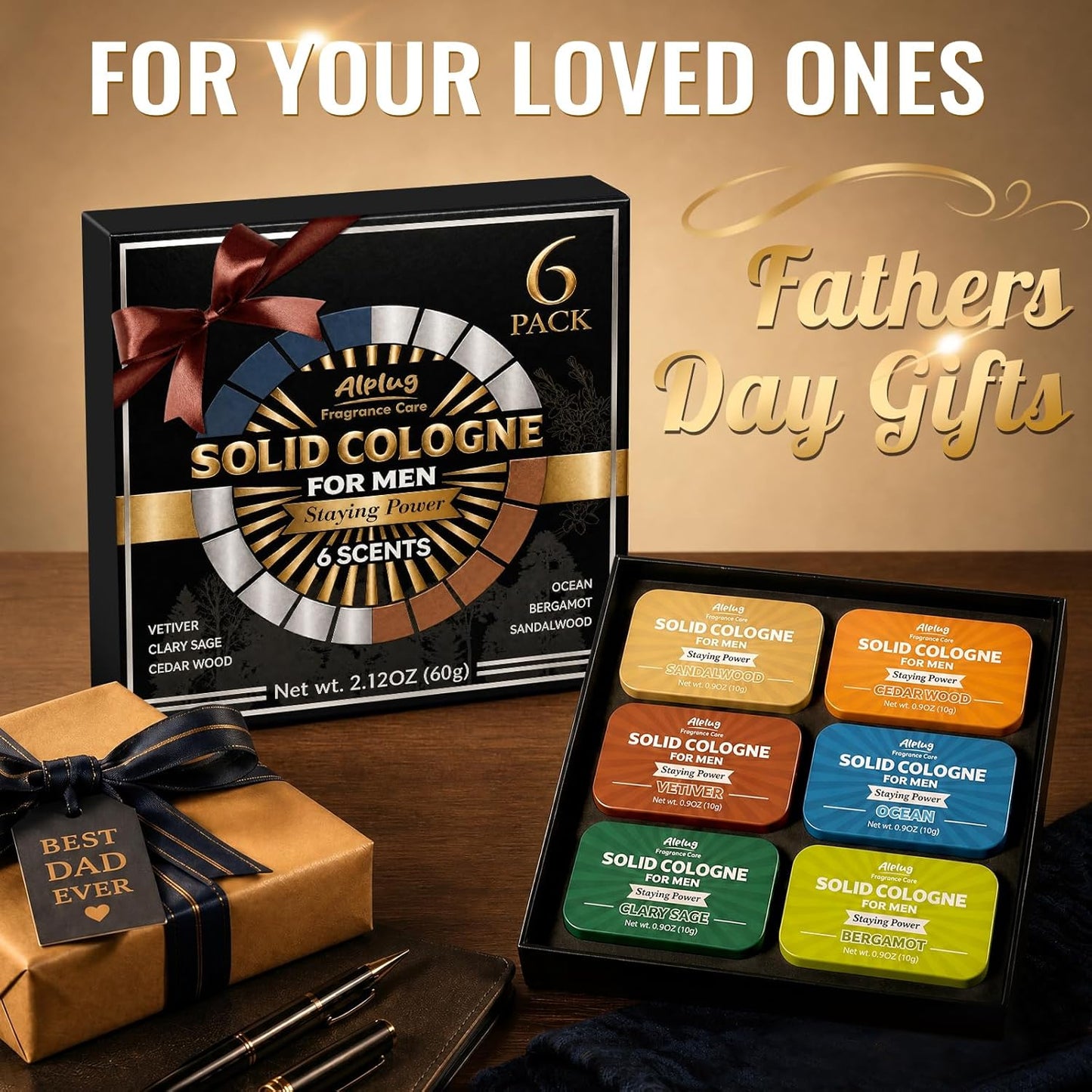 Solid Cologne Gift Set for Men - 6 Pack of Cedar Wood, Bergamot & Sandalwood | Perfect Father's Day Gift for Dad or Husband