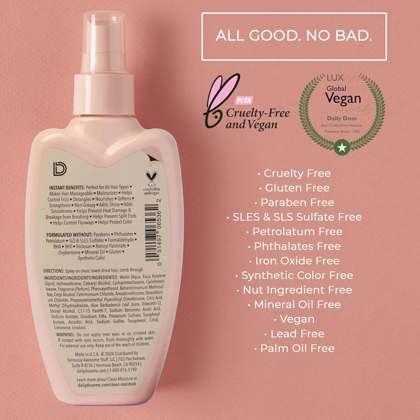 Clean Moisture Leave-In Conditioner Spray - Award-Winning Detangler for Dry, Damaged & Frizzy Hair | Vegan & Sulfate-Free