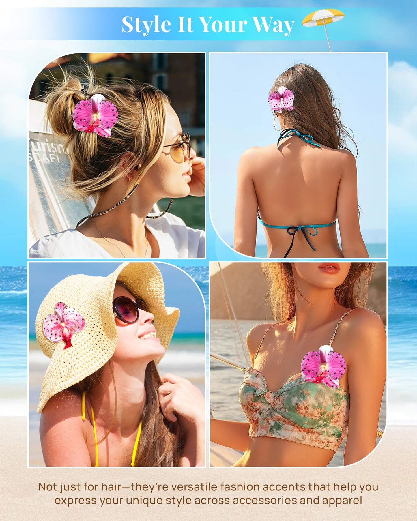 Mesovor 3 Pack Hawaiian Flower Hair Clips, Artificial Tropical Flower Orchid Hair Pin | Rhinestone Hairpins Hair Accessories for Wedding Bridal Beach Party (Pink Moth Orchid)