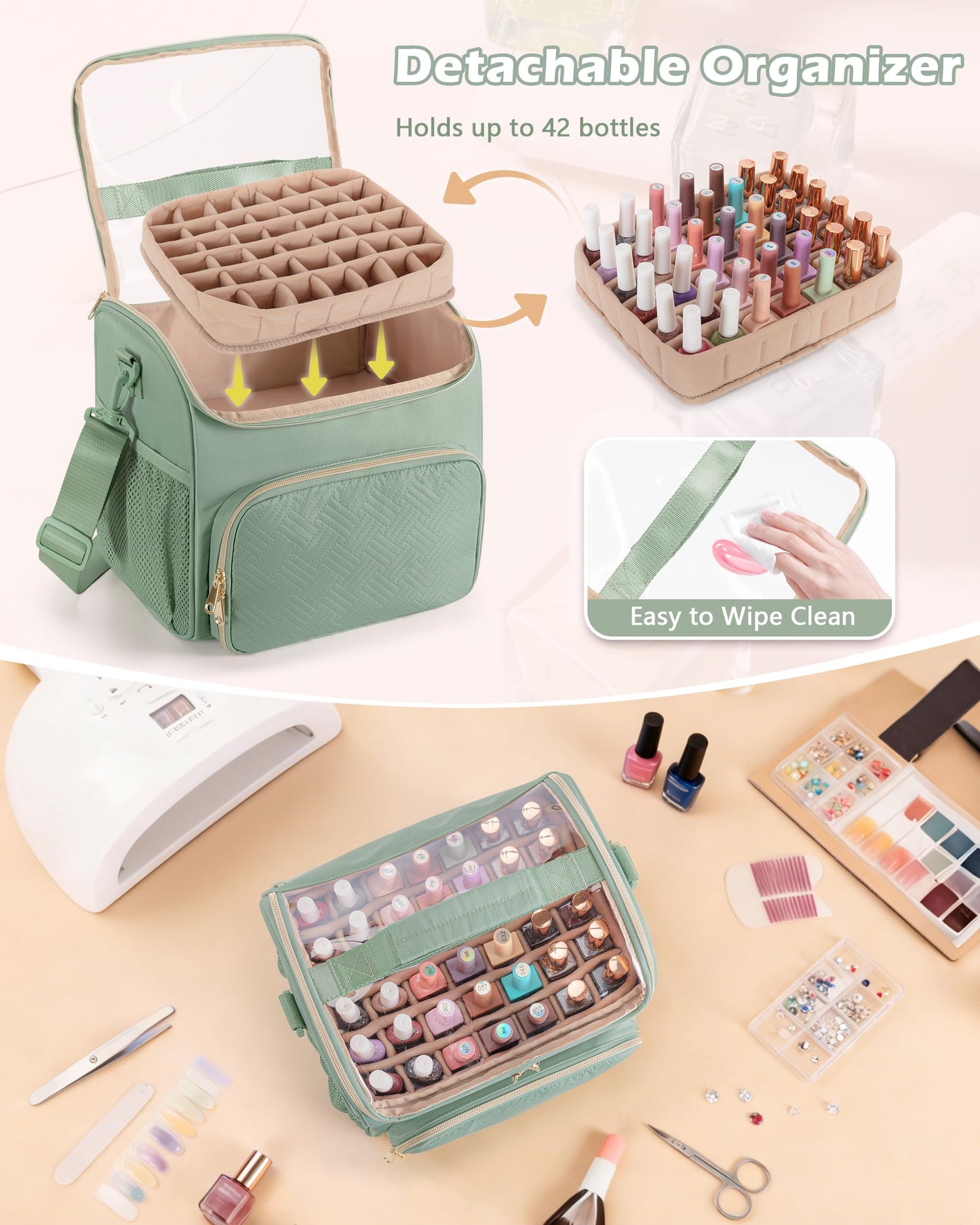 Prokva Nail Polish Organizer Bag Holds 42 Bottles(15ml/0.5 fl.oz), Double Layer Nail Storage Case for Gel Polish and Manicure Tools, Travel Nail Bag, Green