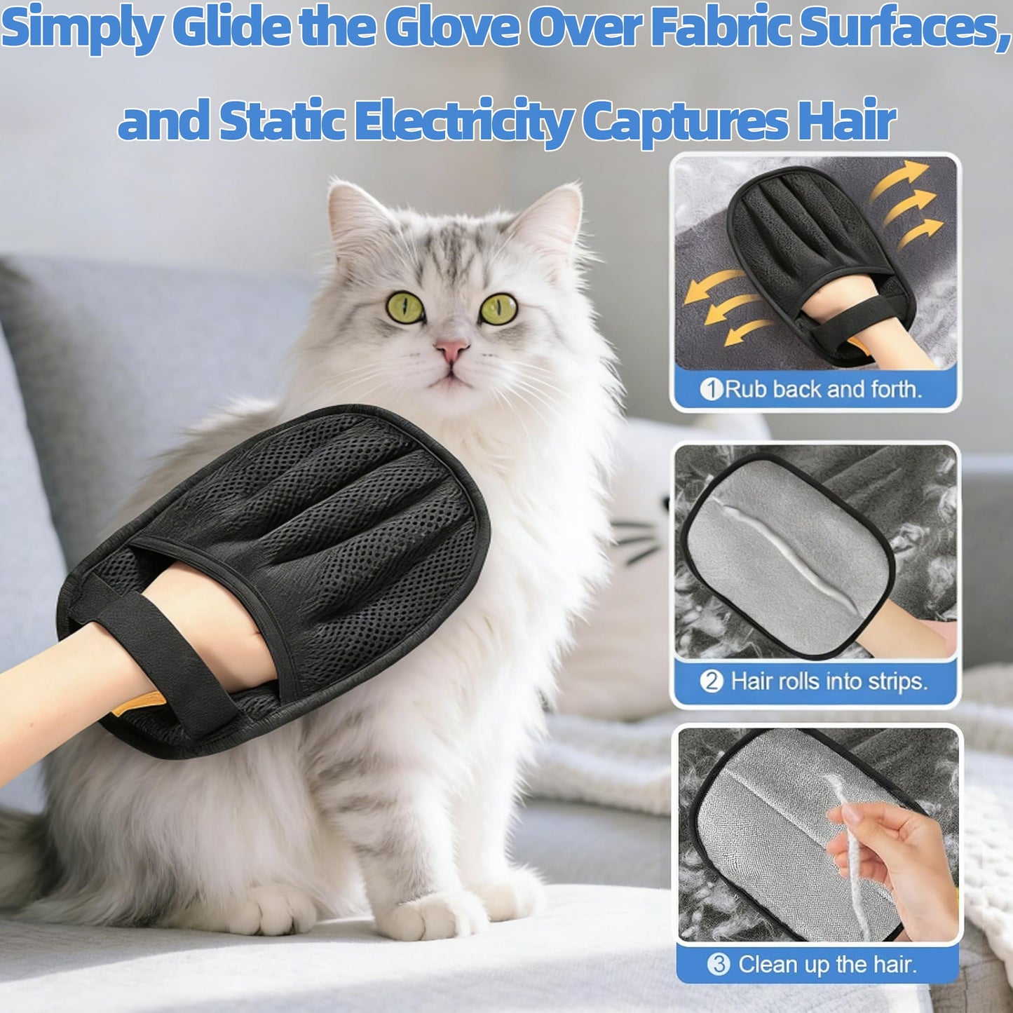 RWUSX Pet Hair Removal Glove for Laundry, Magic Grooming Brush for Dogs Cats, Electrostatic Hair Remover Tool with Five-Finger Design for Couch, Carpet, Clothing, Car Seat Black