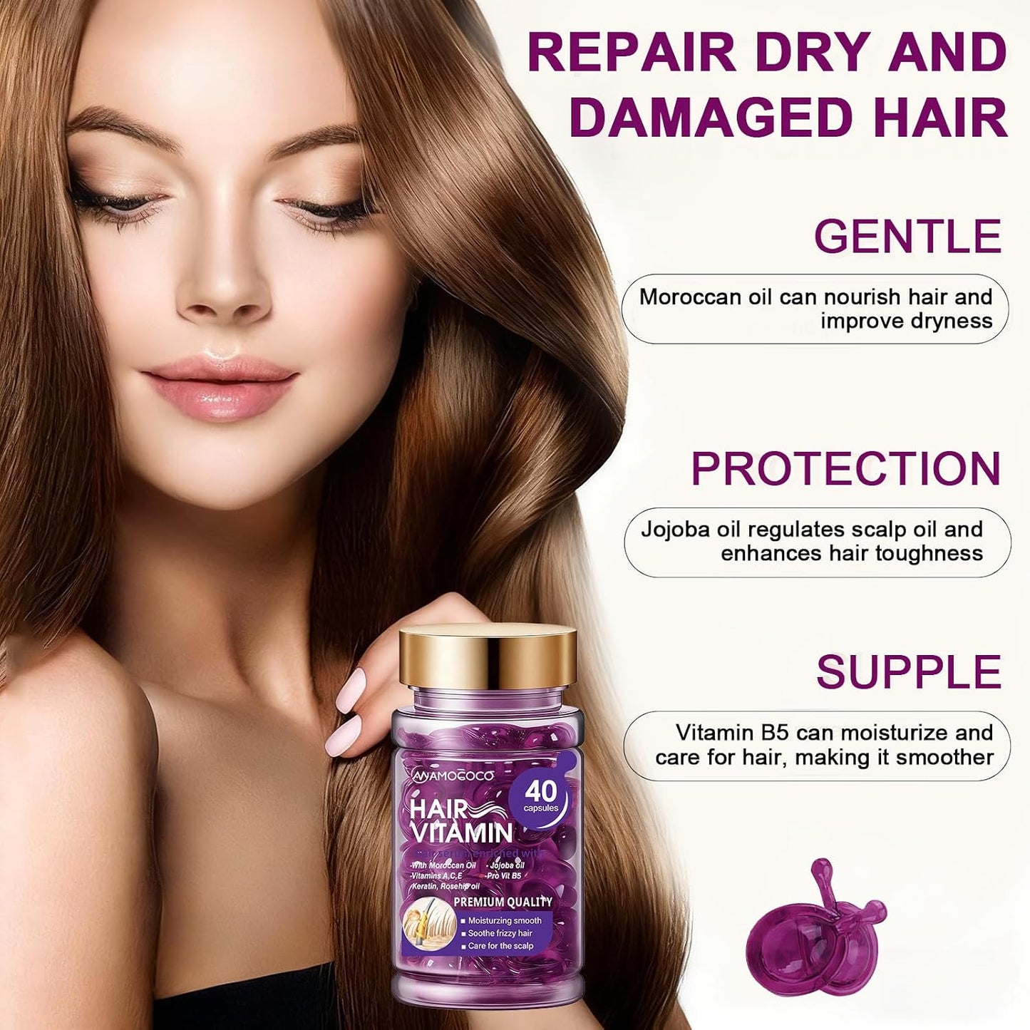 Nourishing Hair Oil Capsules - Keratin, Argan & Jojoba Oil | 40 Count for Frizz Control & Softness