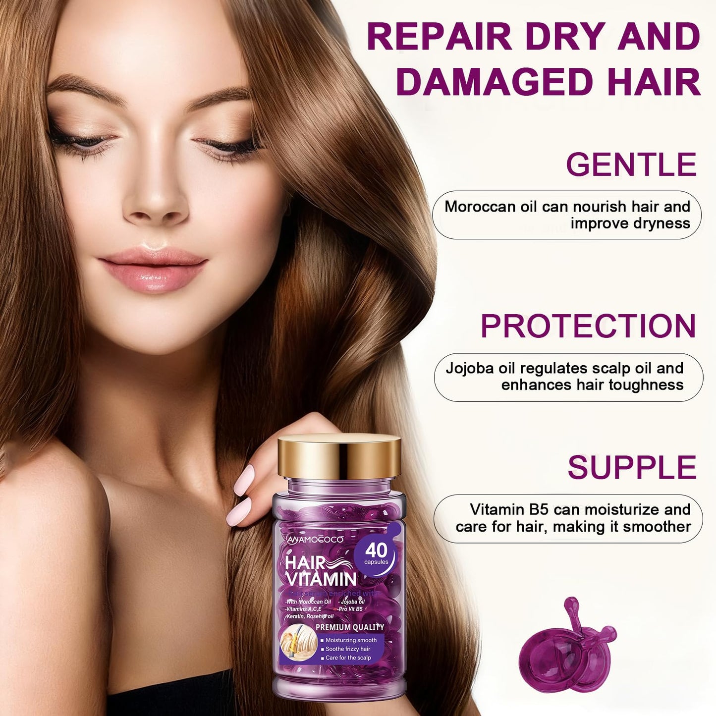 Amococo Hair Oil 40 Capsules with Keratin, Argan Oil & Jojoba Oil, Nourishing & Strengthening Hair for Dry, Damaged Hair, Frizz Control & Softness for Women & Men