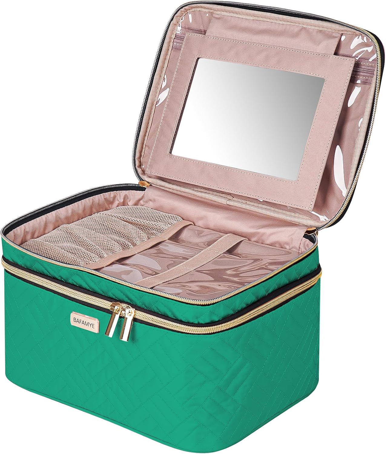 Double Layer Travel Makeup Bag With Mirror - 8.8L Large Cosmetic Organizer for Women | Brown