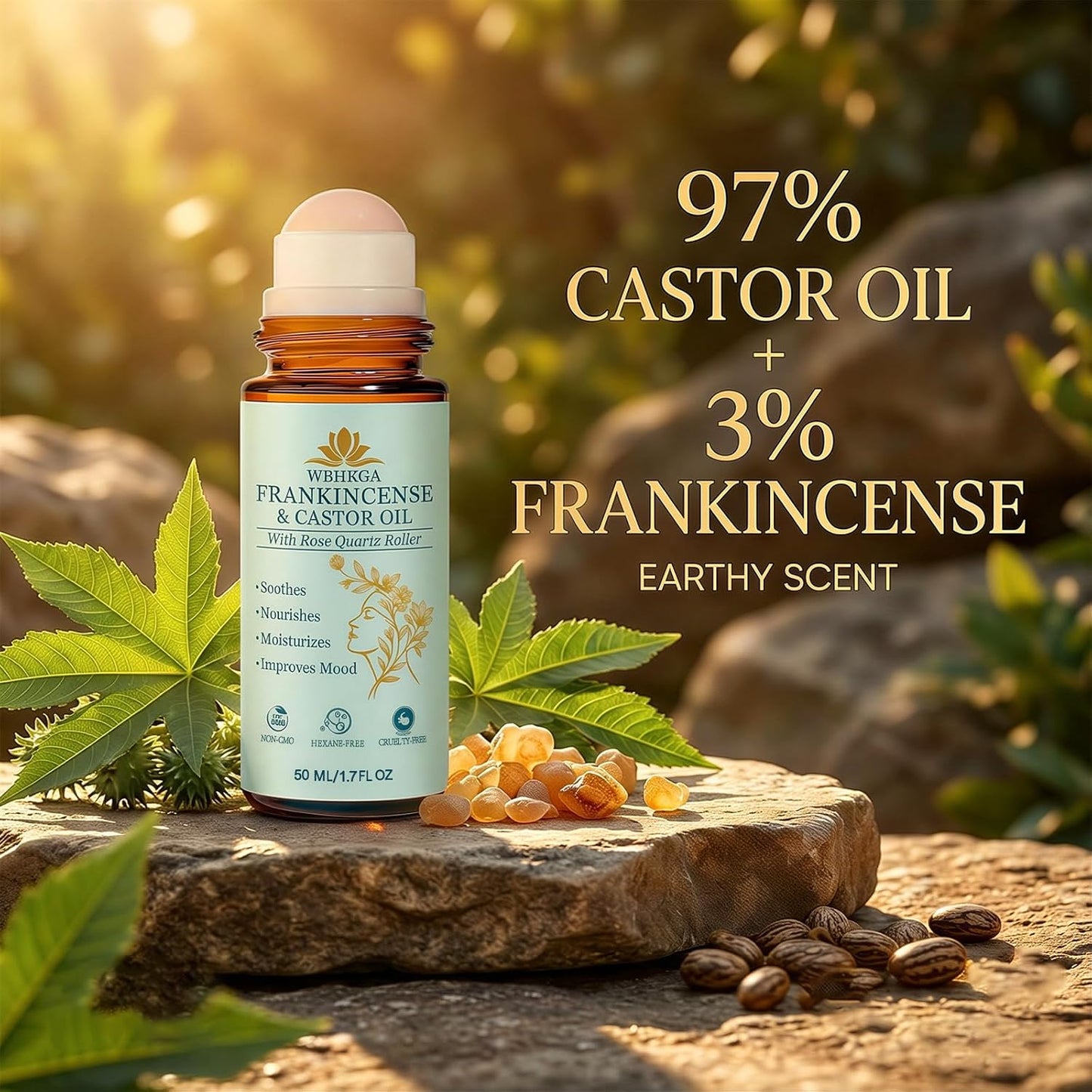 Real Rose Quartz Eye Roller - Castor Oil & Frankincense Serum for Dark Circles, Fine Lines | 50ml / 1.7 fl. oz.